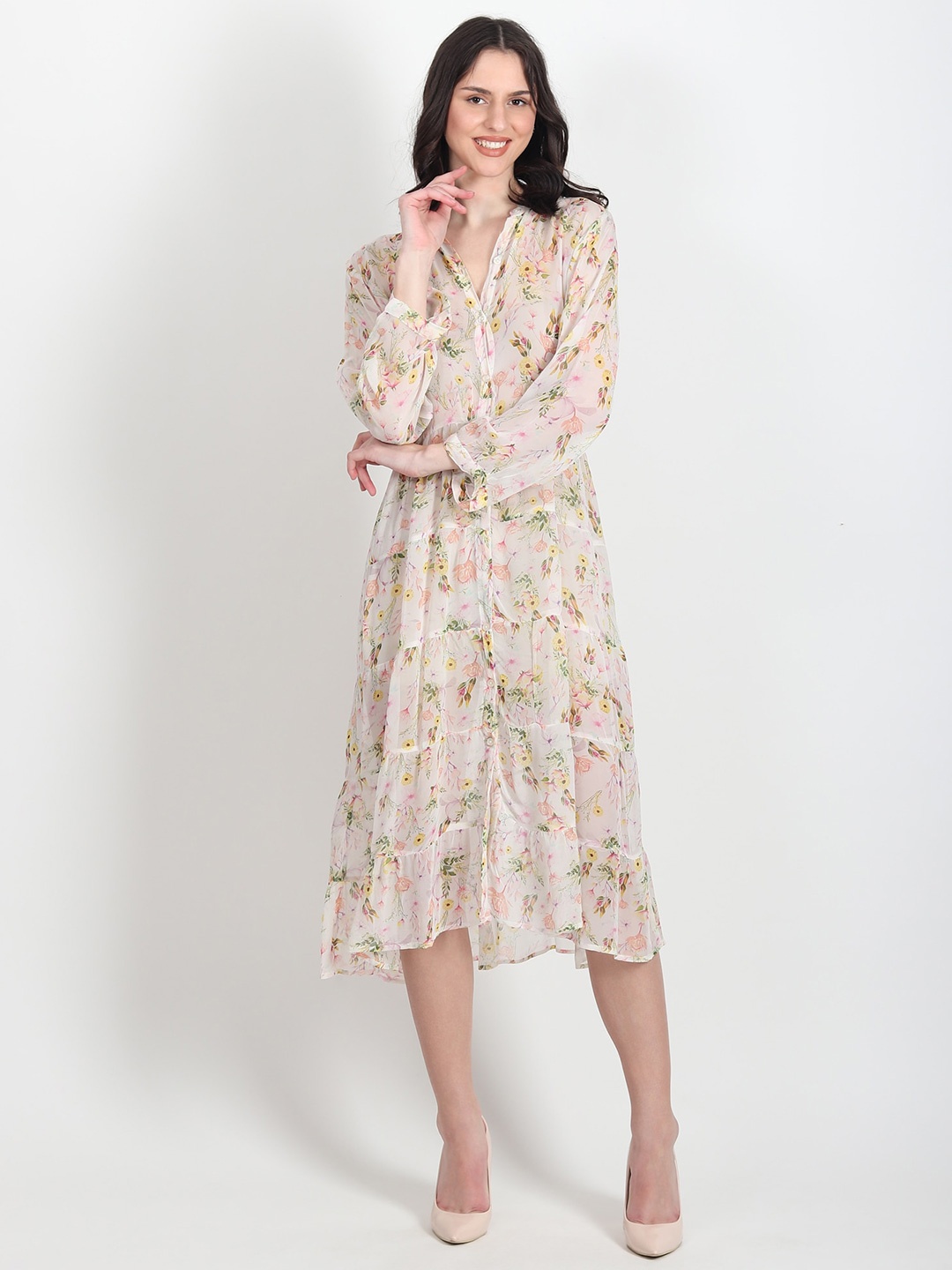 

Art Avenue Floral Print Mandarin Collar Tiered Fit & Flare Midi Dress, Off white