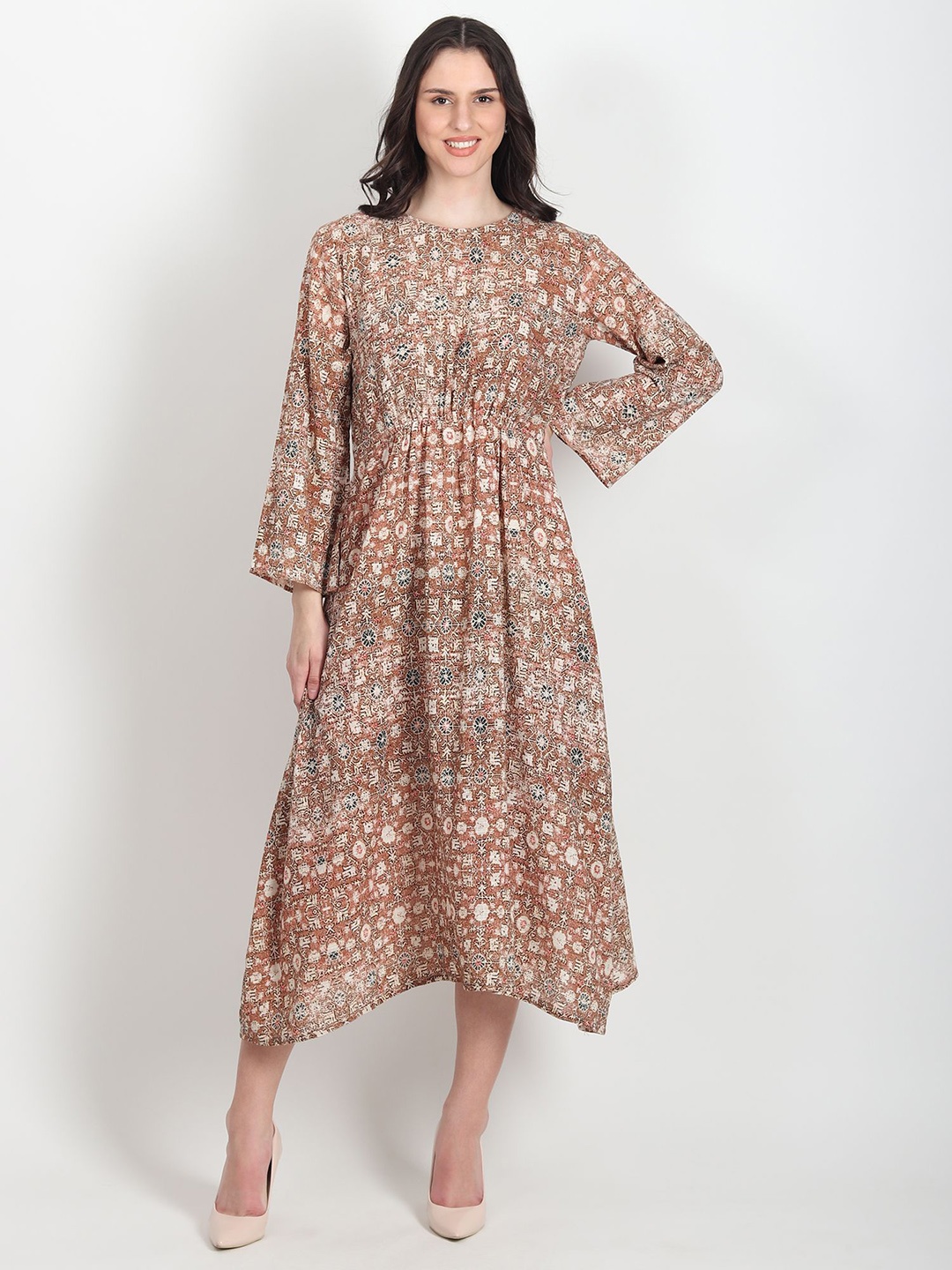 

Art Avenue Floral Printed Round Neck Flared Sleeves Cotton Fit & Flare Midi Dress, Brown