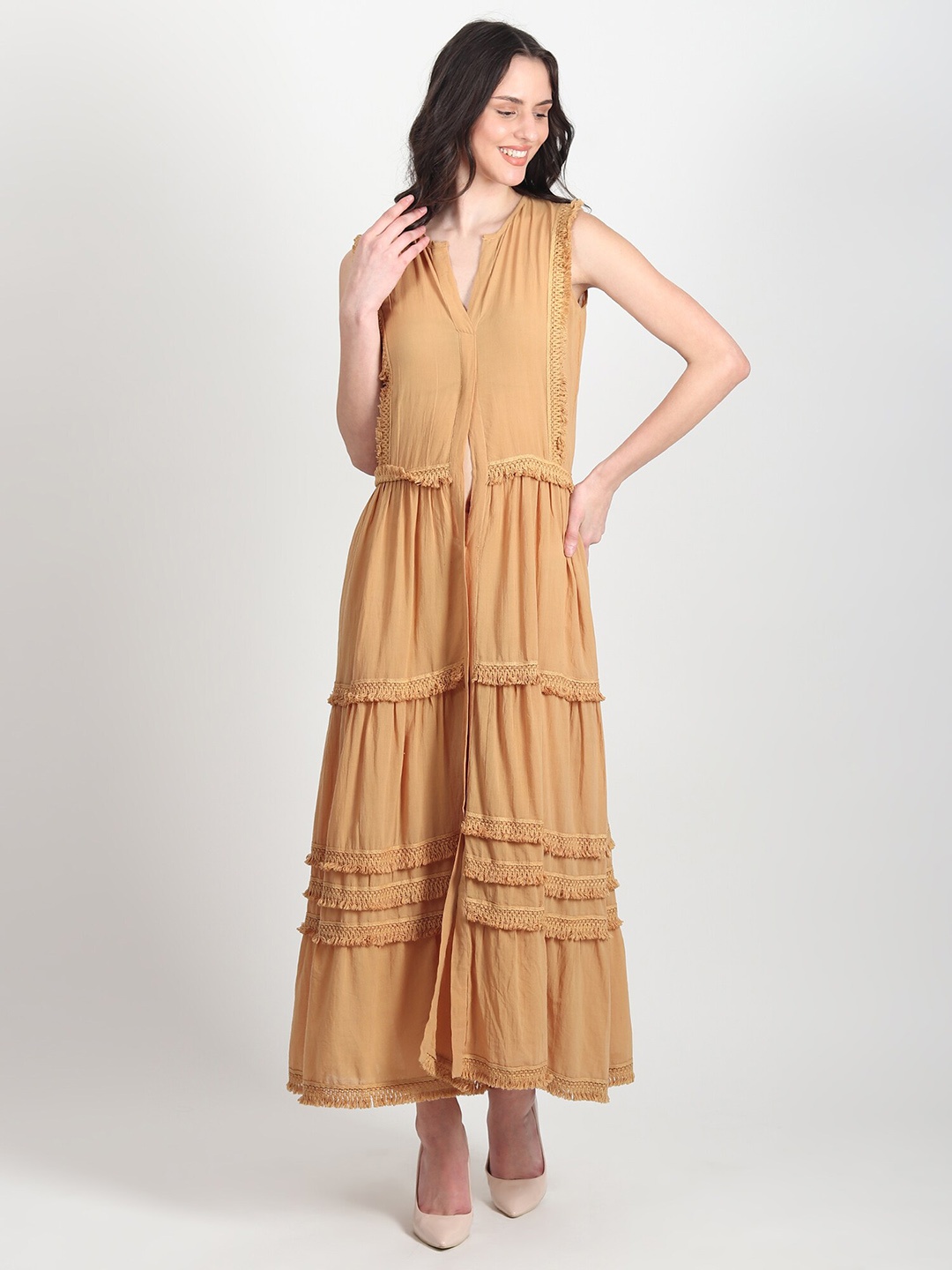

Art Avenue V-Neck Sleeveless Lace-Up Cotton Maxi Dress, Mustard