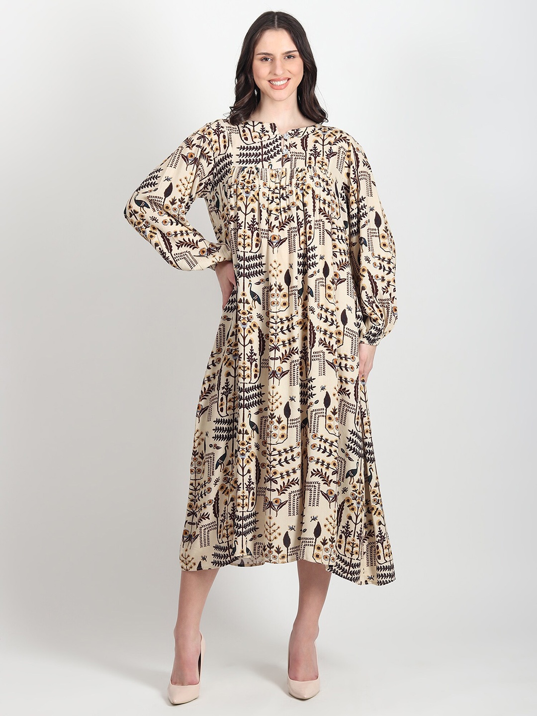 

Art Avenue Floral Print Mandarin Collar Gathered Cotton A-Line Midi Dress, Brown
