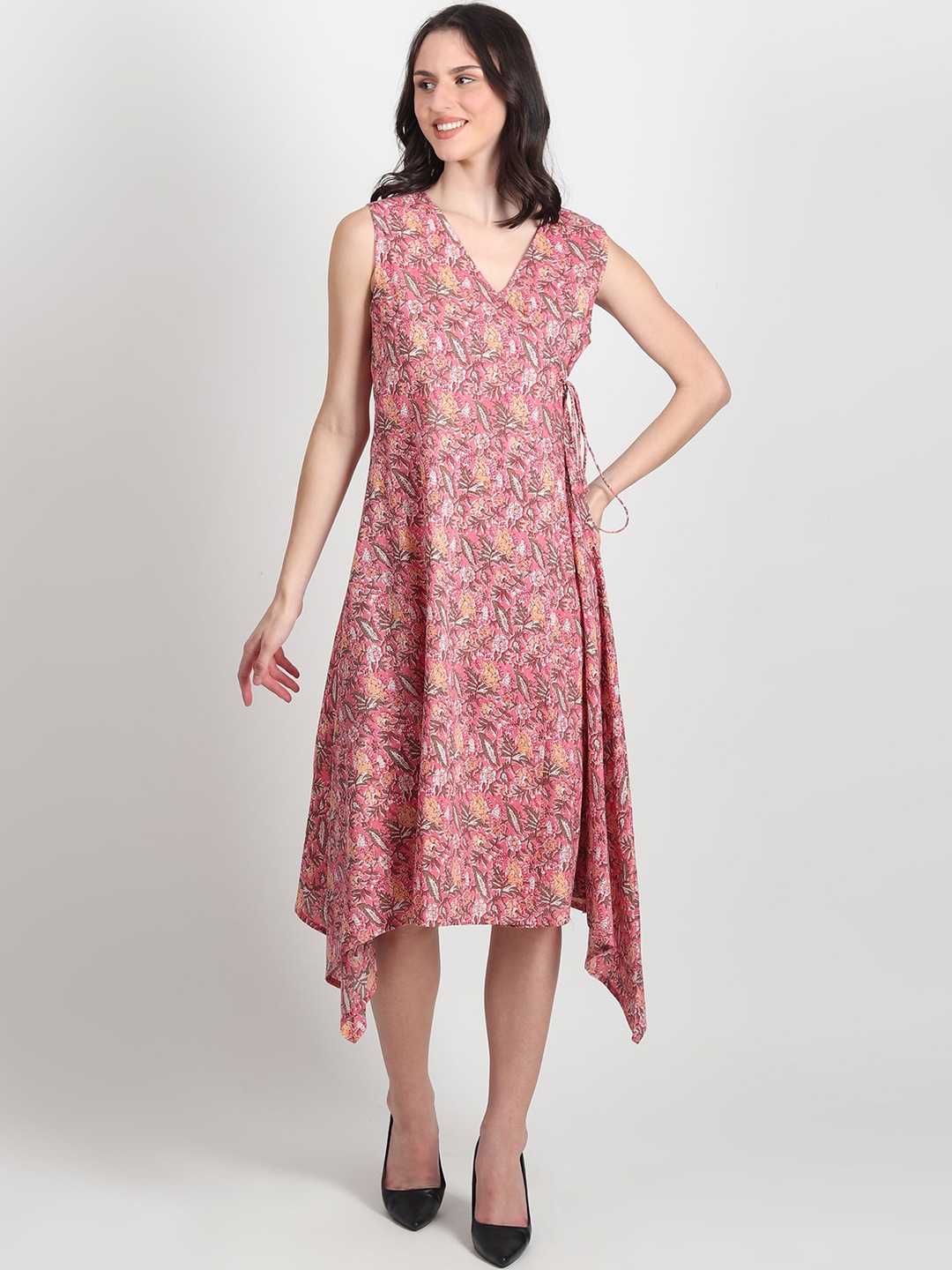 

Art Avenue Floral Print V-Neck Tie-Ups Cotton A-Line Midi Dress, Pink