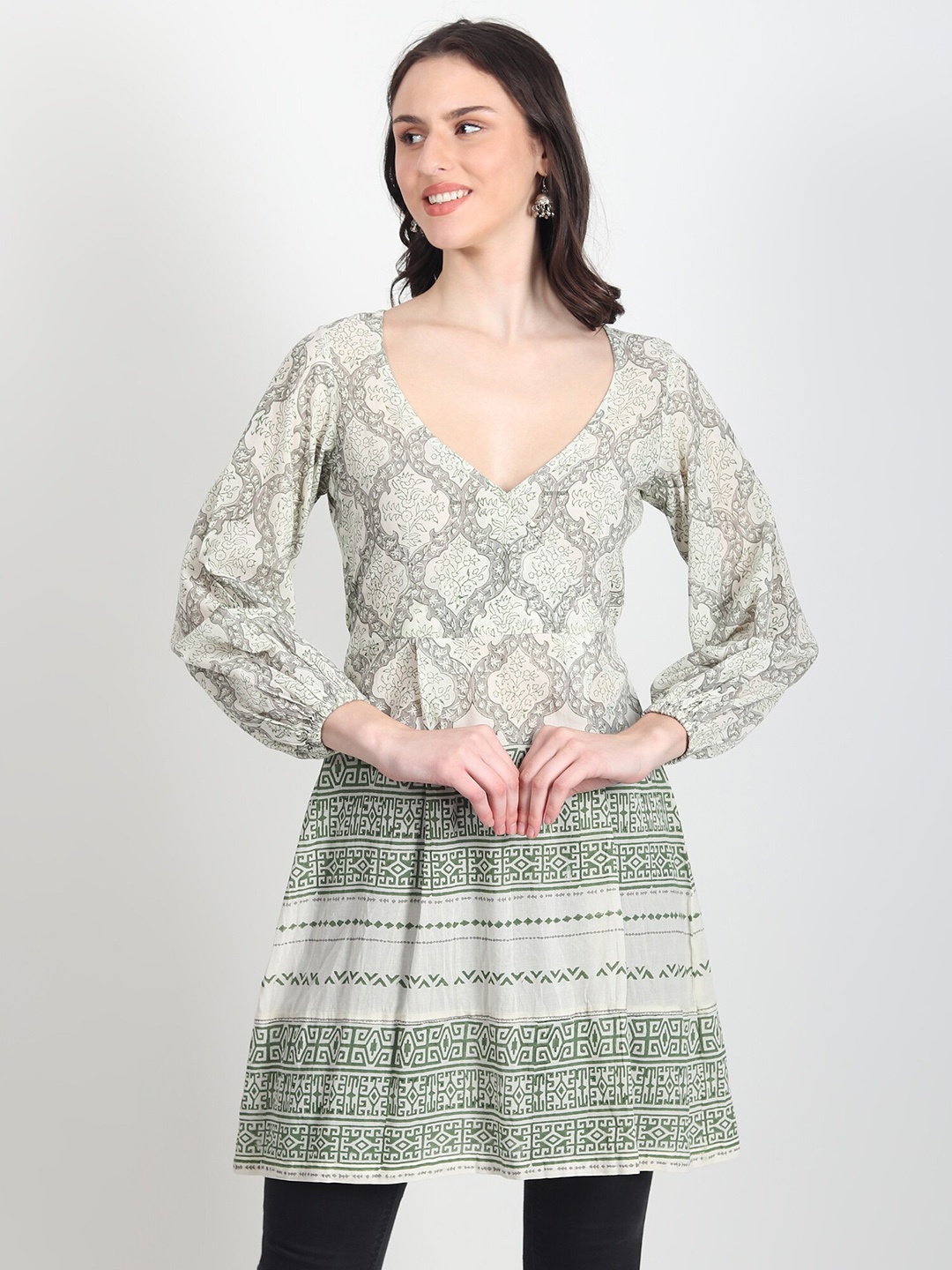 

Art Avenue Hand Block Printed Cotton Fit & Flare Dress, Green