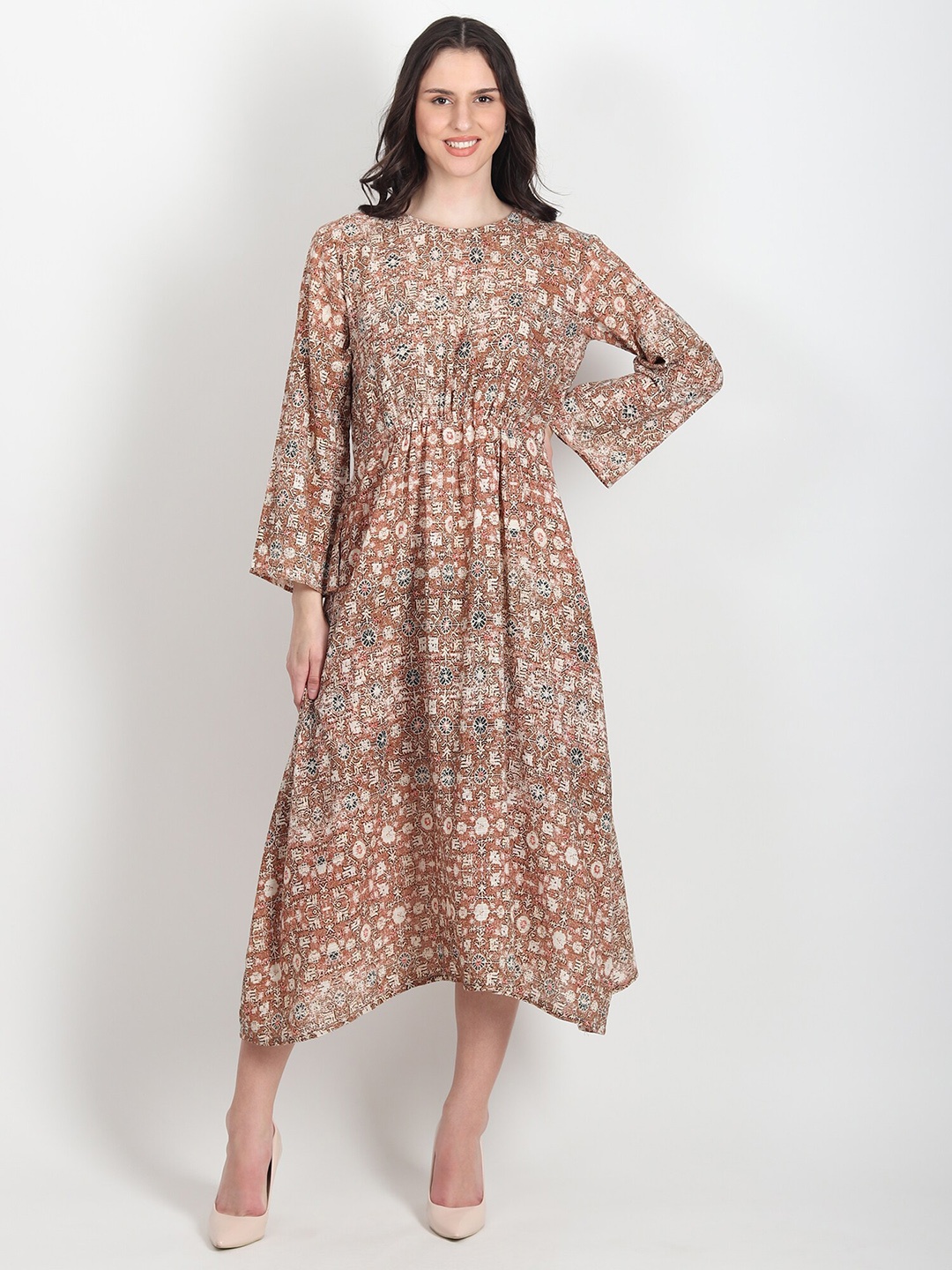 

Art Avenue Floral Printed Round Neck Flared Sleeves Cotton Fit & Flare Midi Dress, Brown