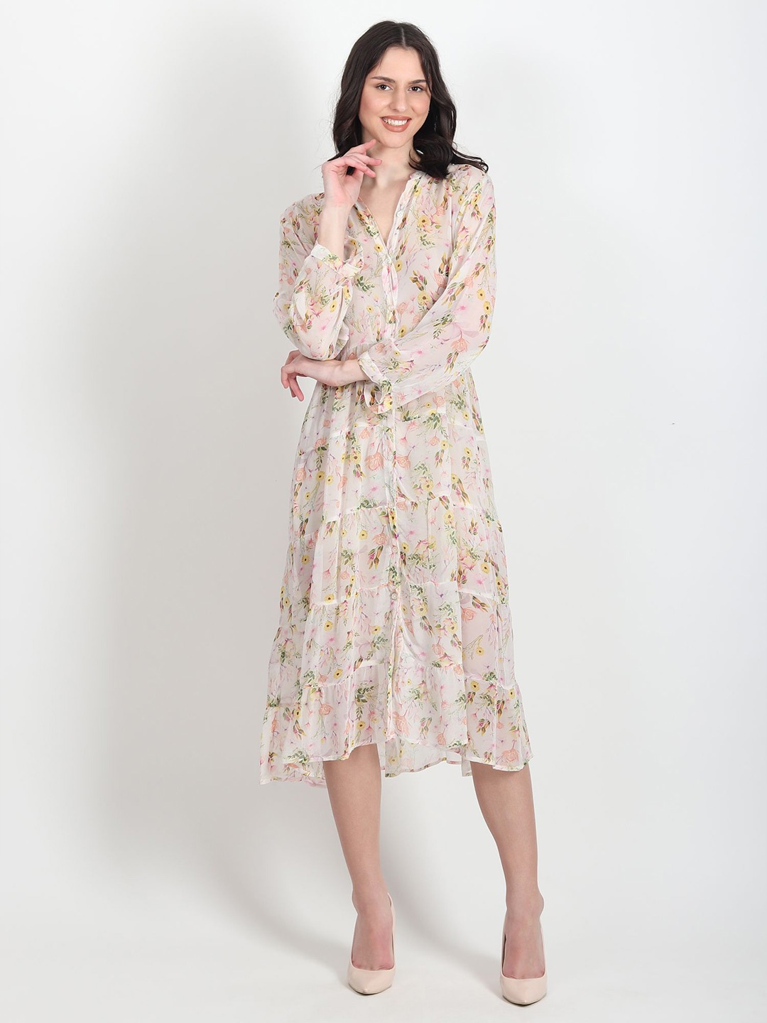 

Art Avenue Floral Print Mandarin Collar Tiered Fit & Flare Midi Dress, Off white