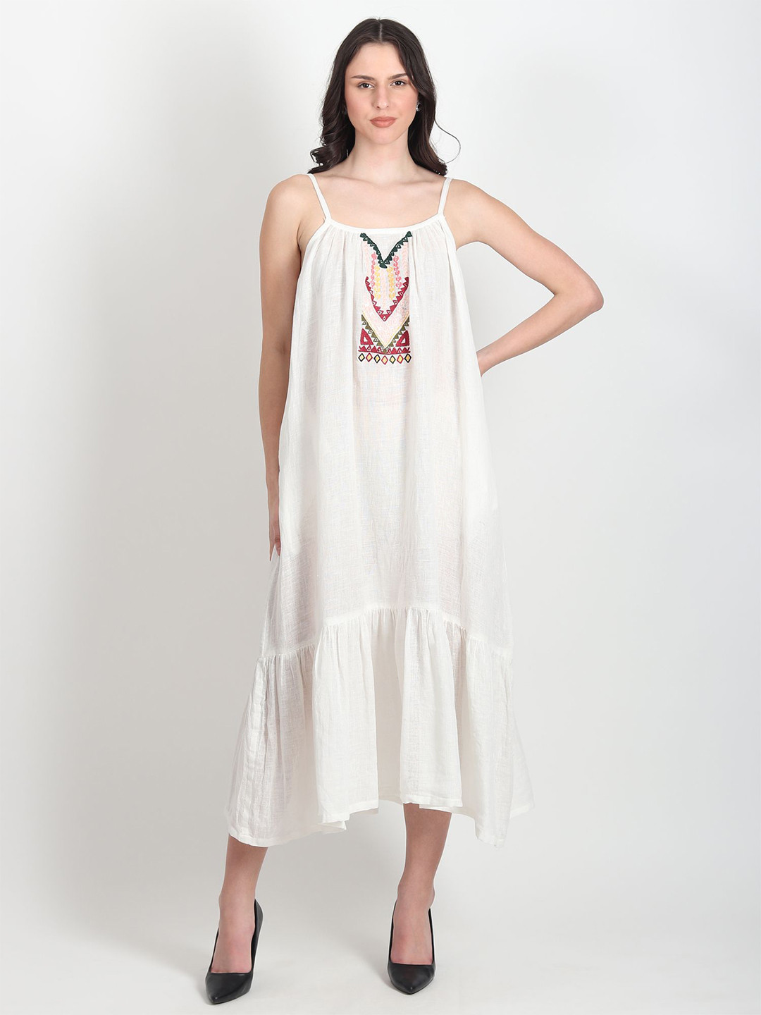 

Art Avenue Geometric Embroidery Square Neck Gathered Cotton A-Line Midi Dress, White