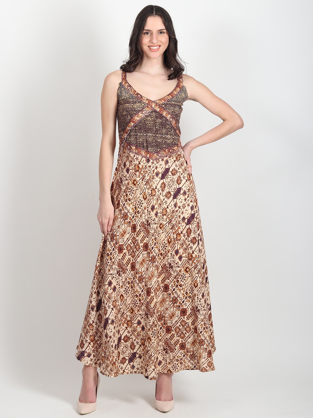 

Art Avenue Floral Print V-Neck Cotton Maxi A-Line Dress, Brown