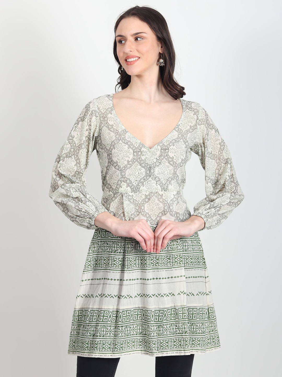 

Art Avenue Ethnic Printed V-Neck Bishop Sleeves Cotton Tunics, Off white