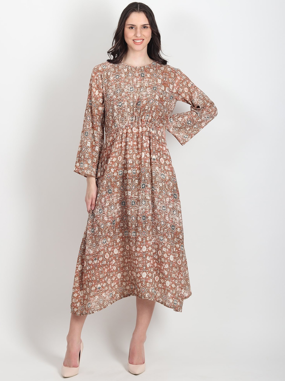 

Art Avenue Floral Print Round Neck Gathered Cotton Fit & Flare Midi Dress, Brown