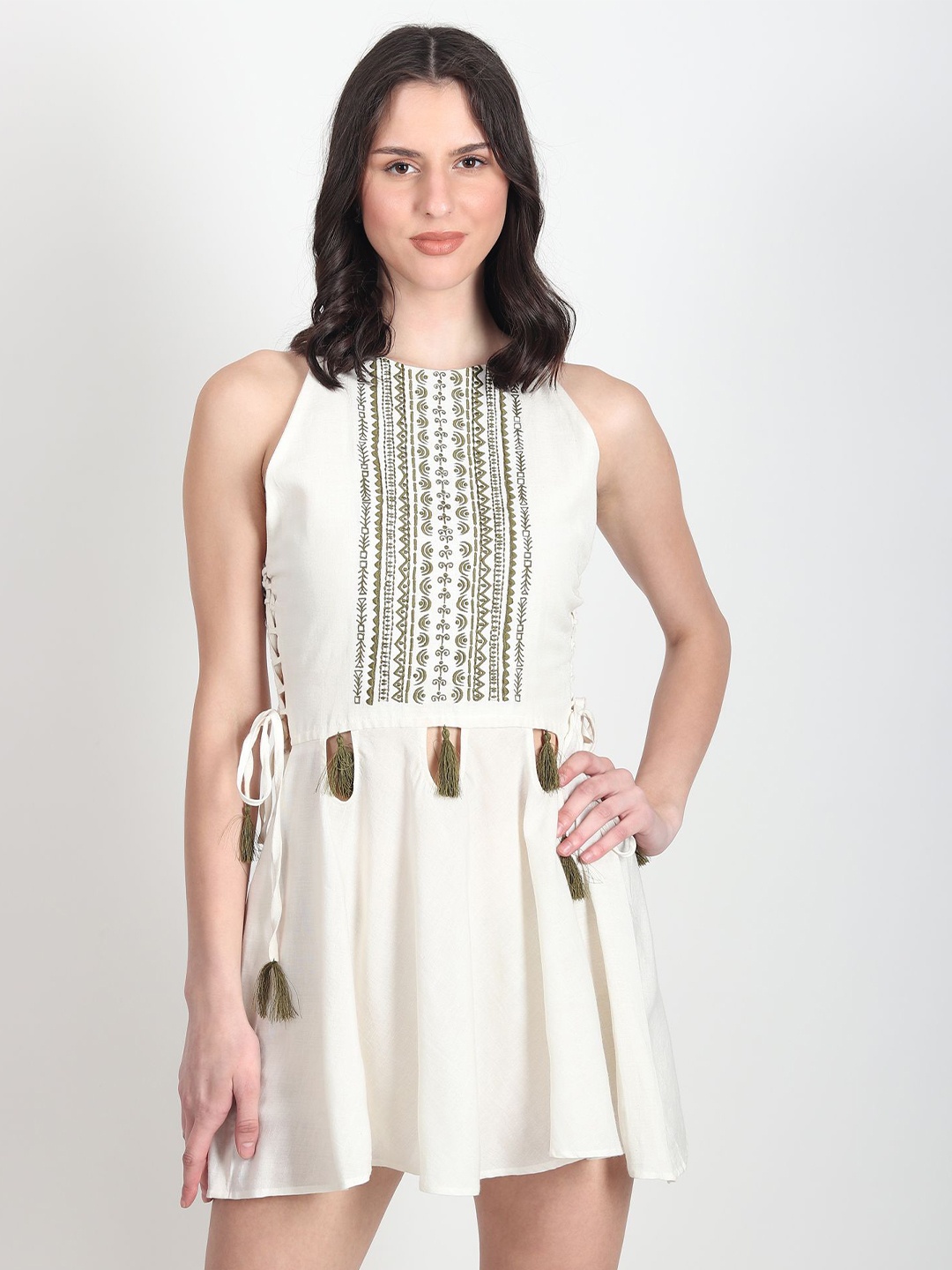 

Art Avenue Ethnic Motifs Embroidered Tie-Ups Detailed Cotton Fit & Flare Dress, Off white
