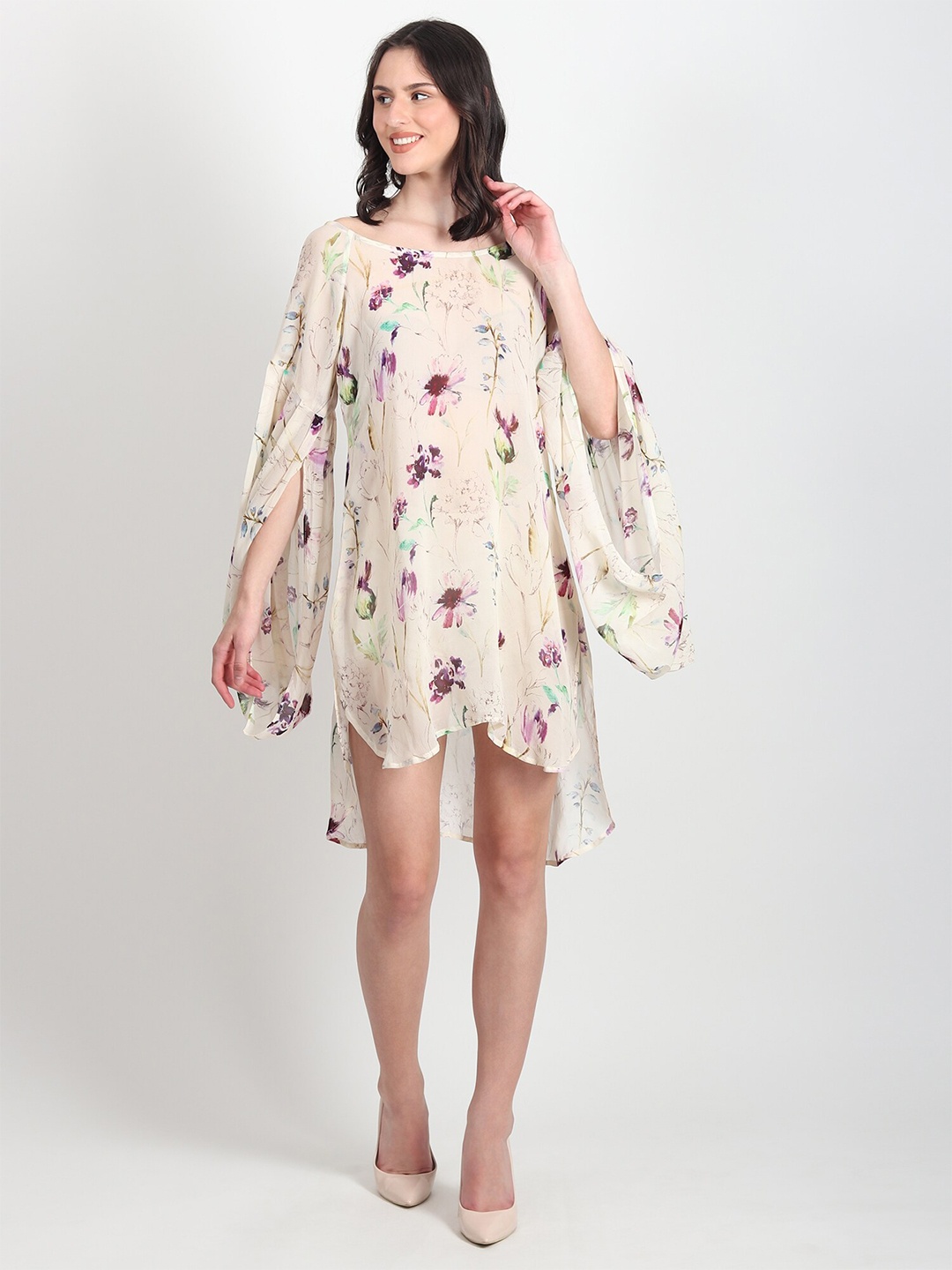 

Art Avenue Floral Print Slit Sleeve Georgette A-Line Dress, Purple