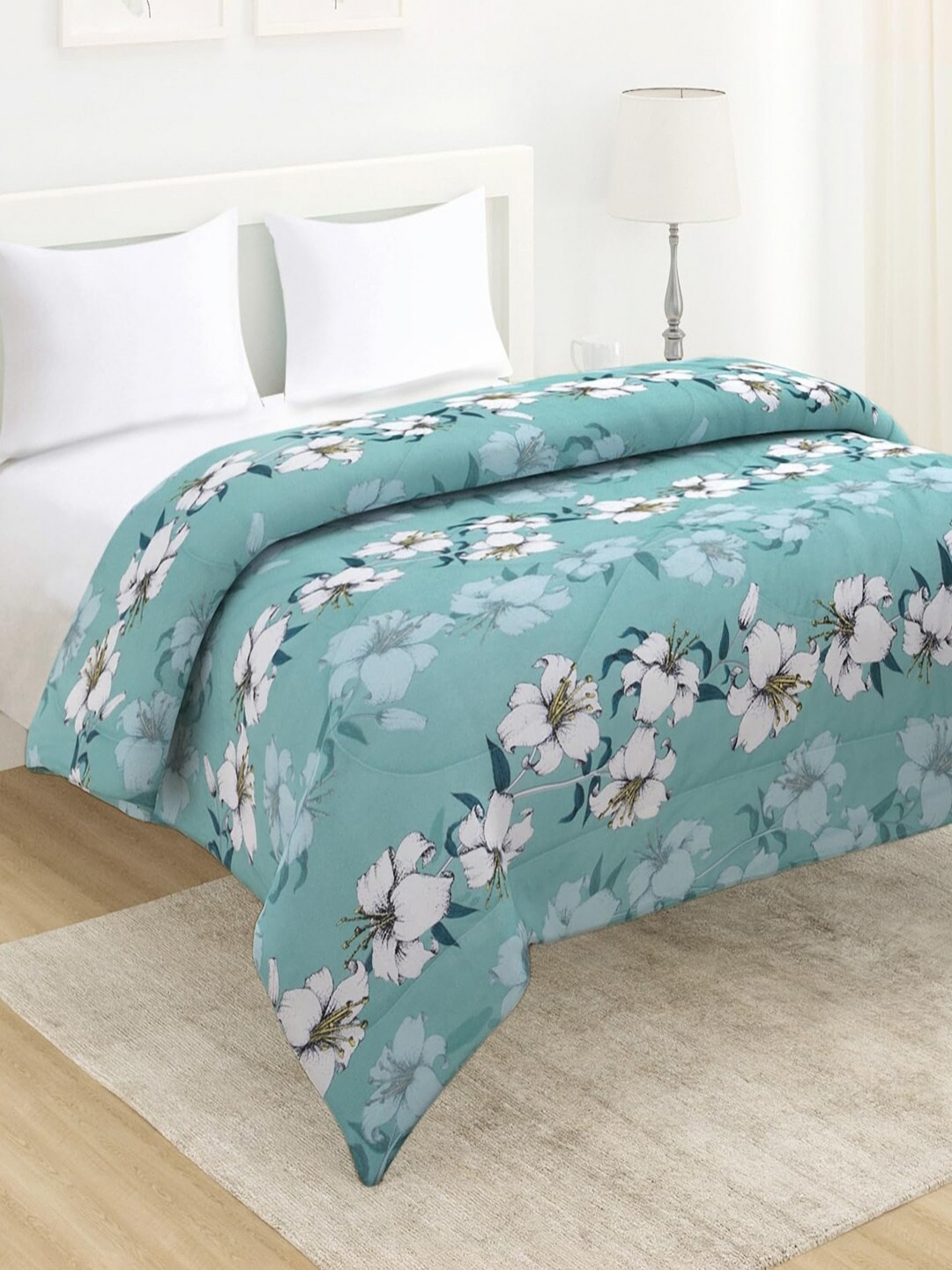 

HOKIPO Blue & White Floral Printed AC Room 220 GSM Reversible Double Bed Comforter