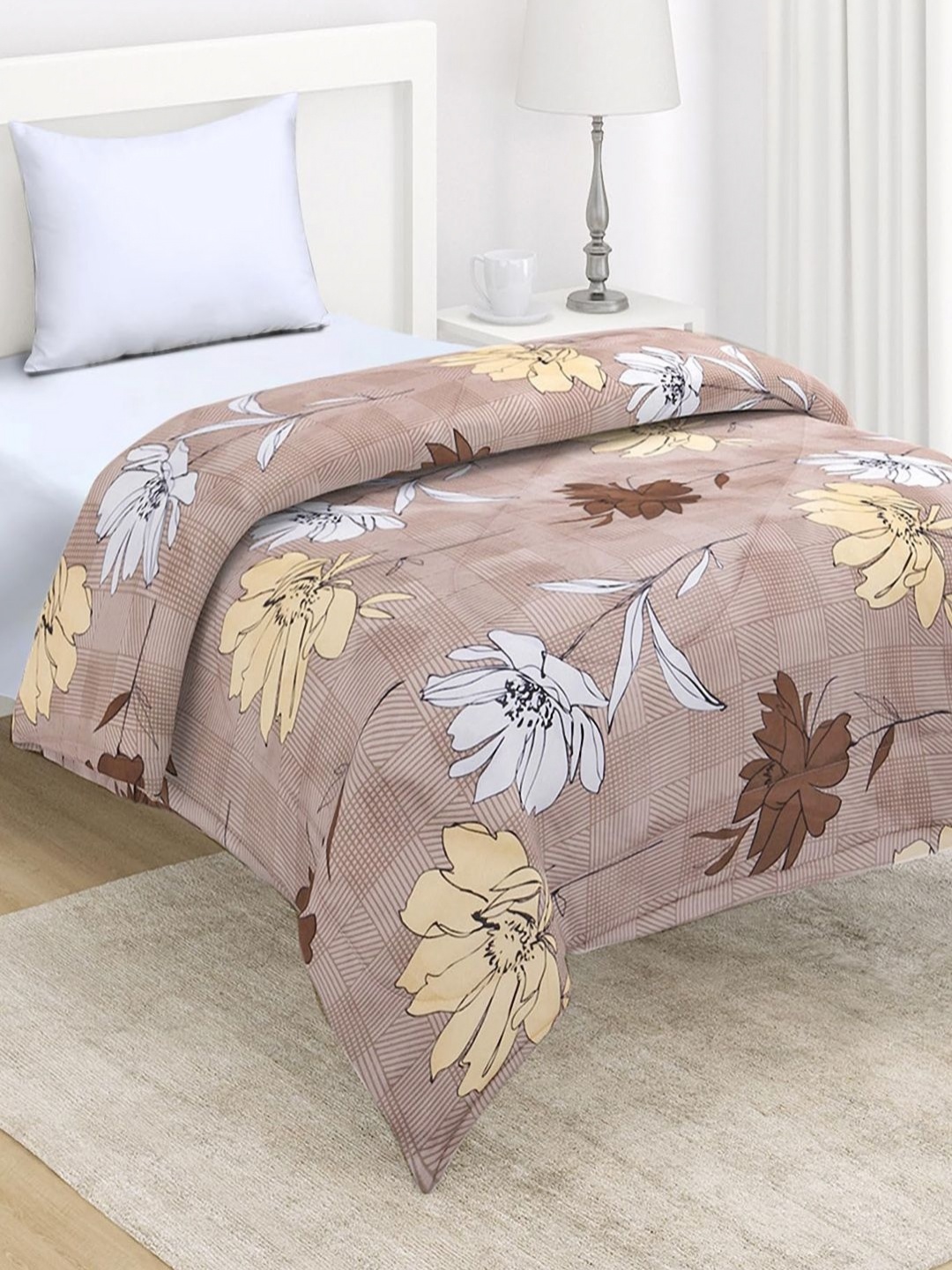 

HOKIPO Brown & White Floral Microfiber AC Room 210 GSM Single Bed Comforter