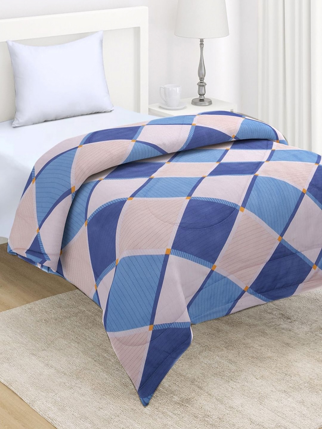 

HOKIPO Blue & Peach Geometric Microfiber AC Room 220 GSM Reversible Single Bed Comforter