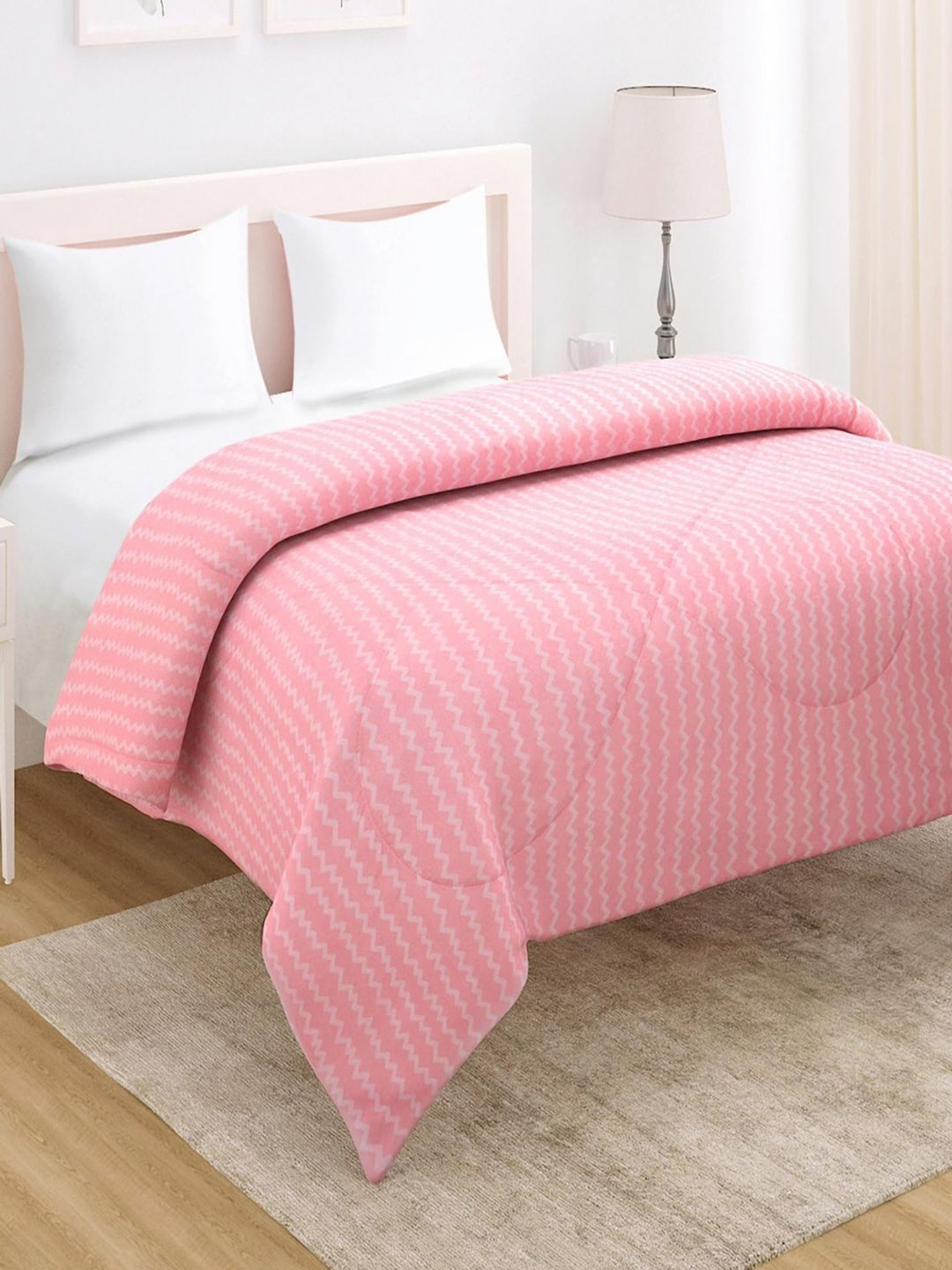 

HOKIPO Pink & Off White Striped AC Room 220 GSM Double Bed Comforter