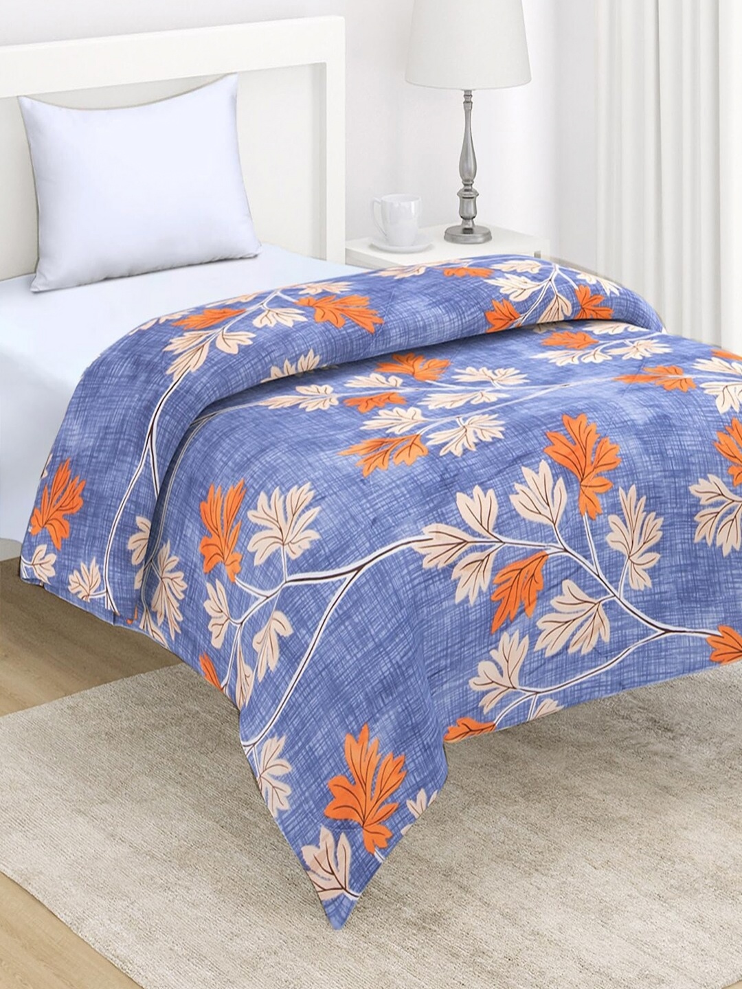 

HOKIPO Blue & Orange Floral Microfiber AC Room 210 GSM Single Bed Comforter
