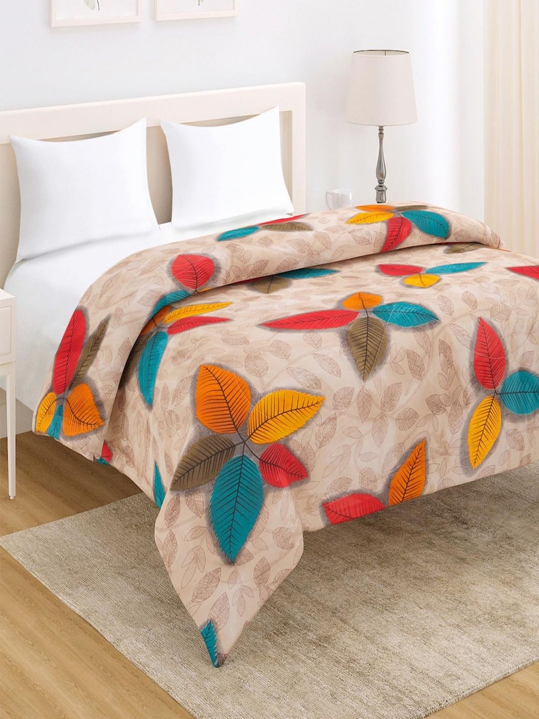 

HOKIPO Beige & Yellow Floral Printed AC Room 220 GSM Reversible Double Bed Comforter