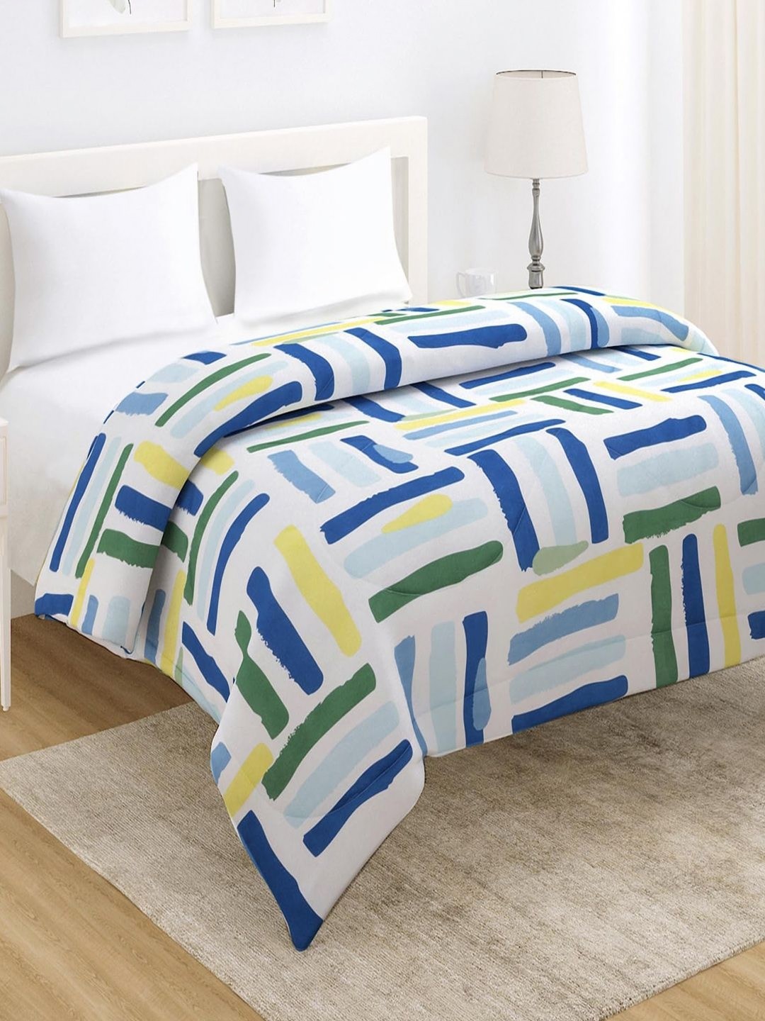

HOKIPO White & Blue Striped Microfiber AC Room 210 GSM Double Bed Comforter