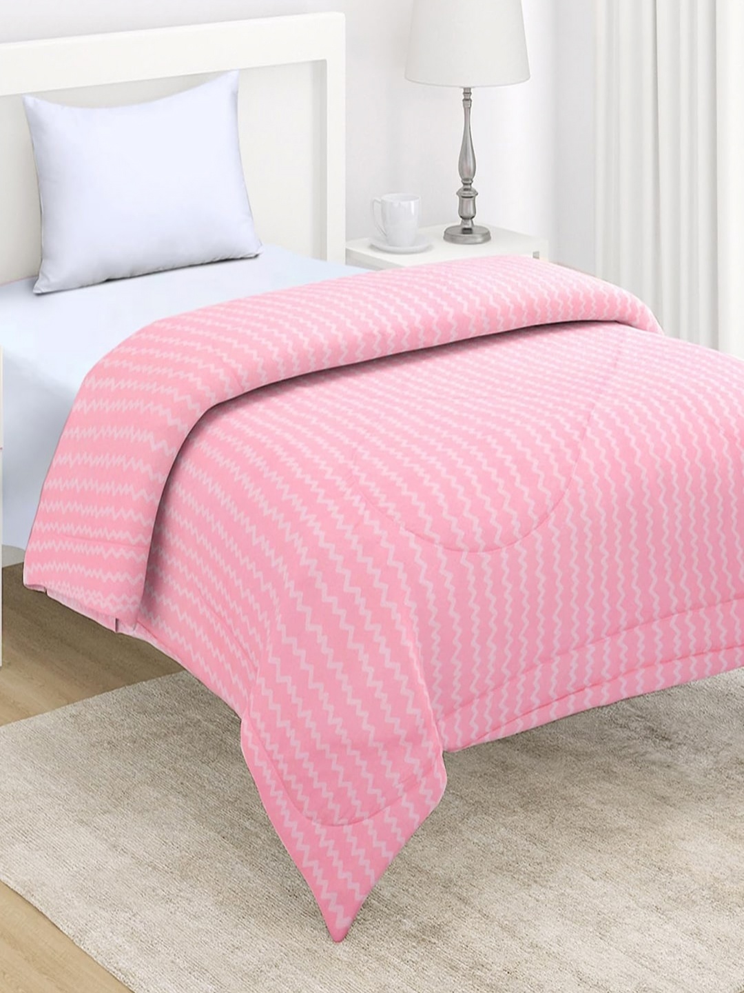 

HOKIPO Pink & Off White Striped Microfiber AC Room 210 GSM Single Bed Comforter