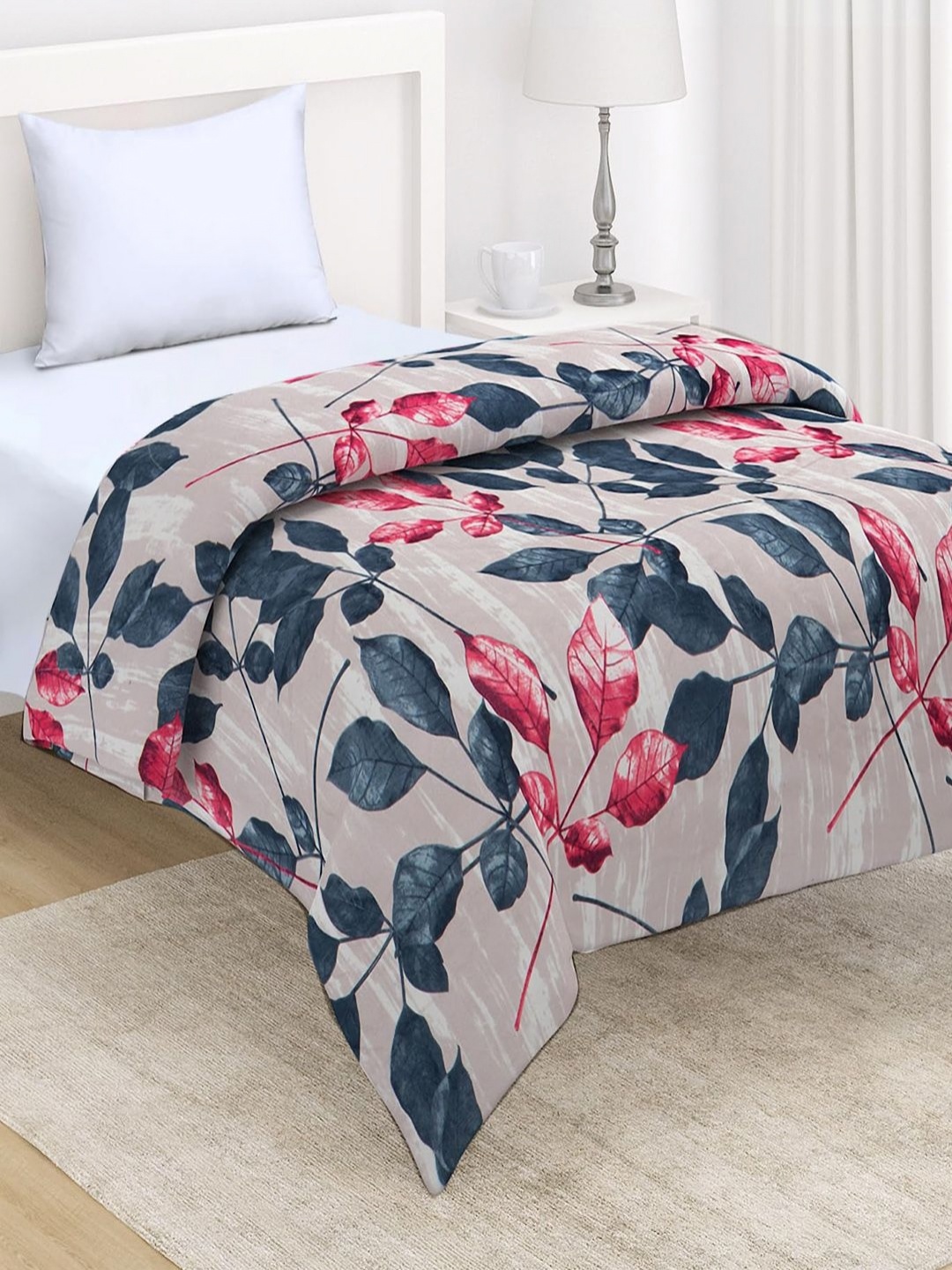 

HOKIPO Pink & Blue Floral Printed AC Room 220 GSM Single Bed Comforter