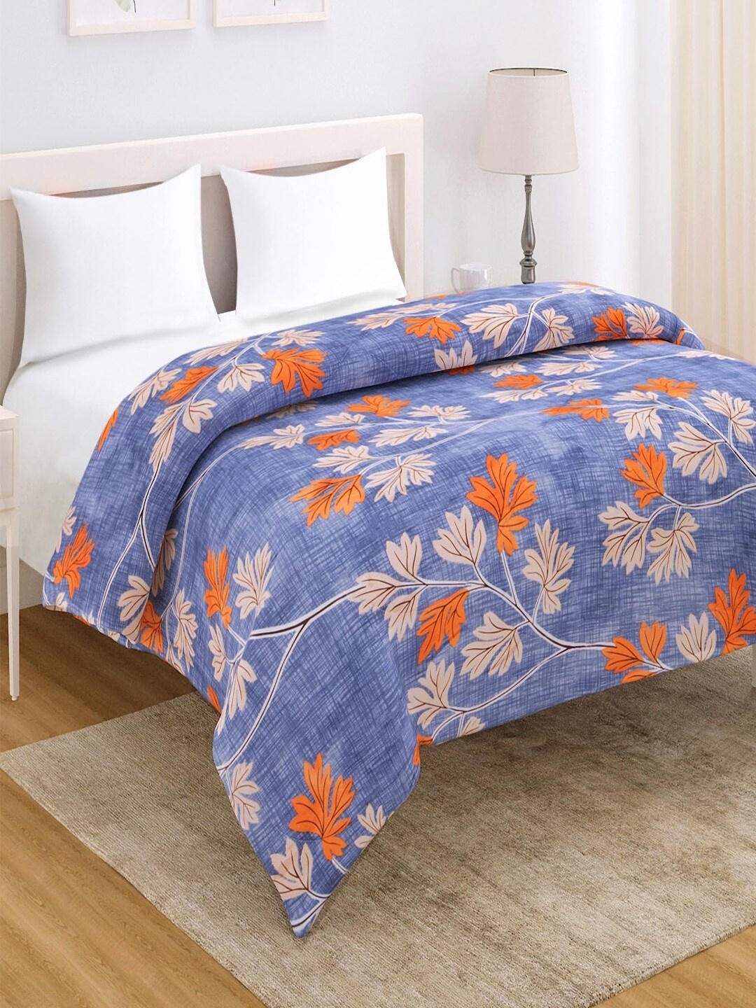 

HOKIPO Blue & Orange Floral Microfiber AC Room 220 GSM Reversible Double Bed Comforter
