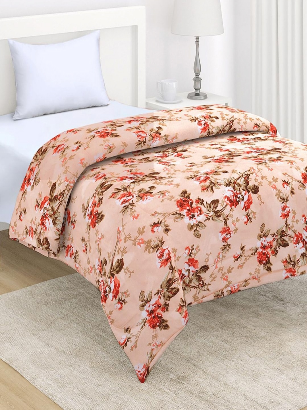 

HOKIPO Orange & Green Floral Microfiber AC Room 210 GSM Single Bed Comforter