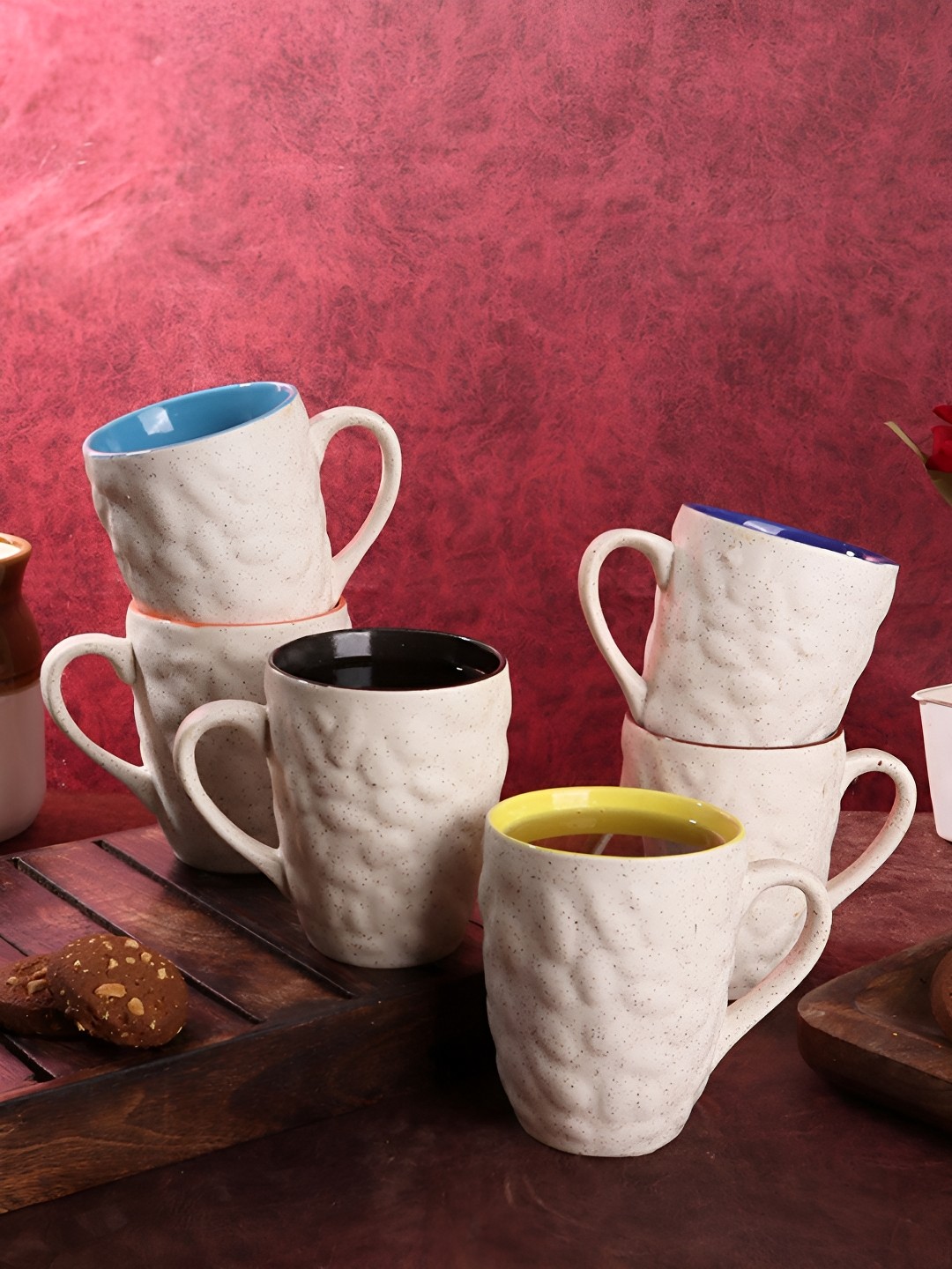 

Aura White & Blue 6 pieces Textured Ceramic Glossy Mugs 250 ml