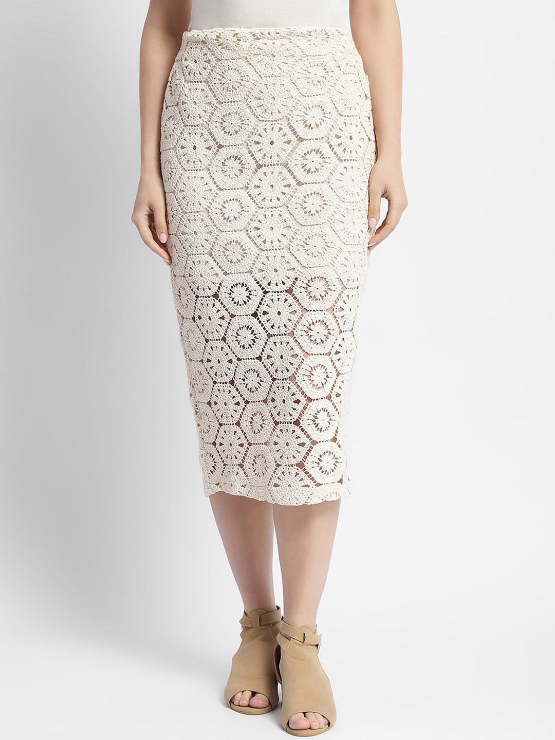 

Madame Women Laced Pure Cotton Pencil Midi Skirts, Beige