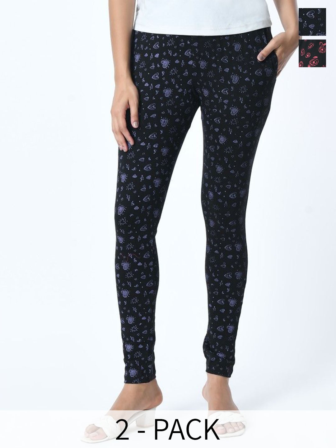 

BAESD Pack Of 2 Printed Slim Fit Pure Cotton Ankle Length Leggings, Black