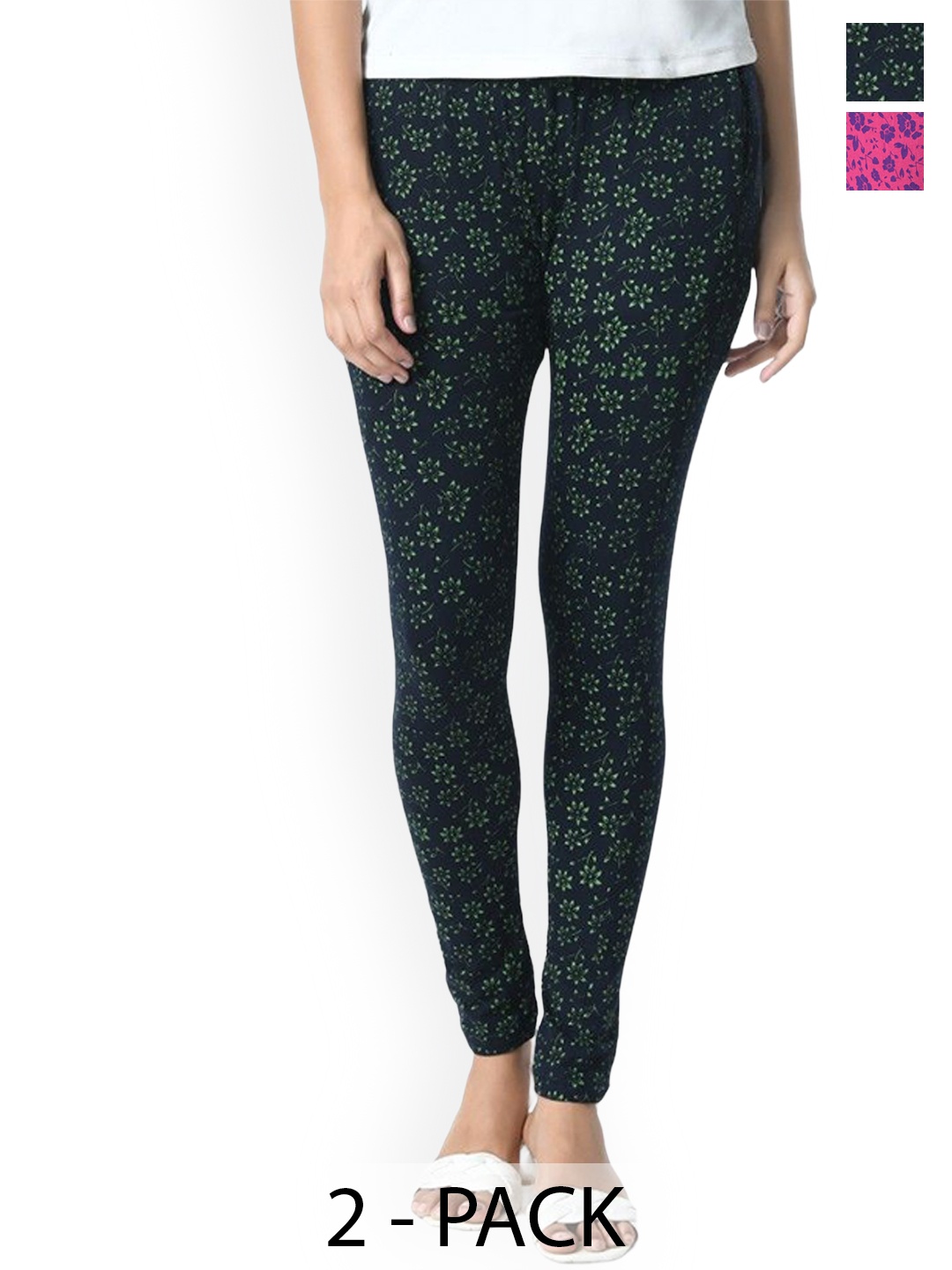

BAESD Women Pack Of 2 Printed Slim Fit Pure Cotton Ankle Length Leggings, Black
