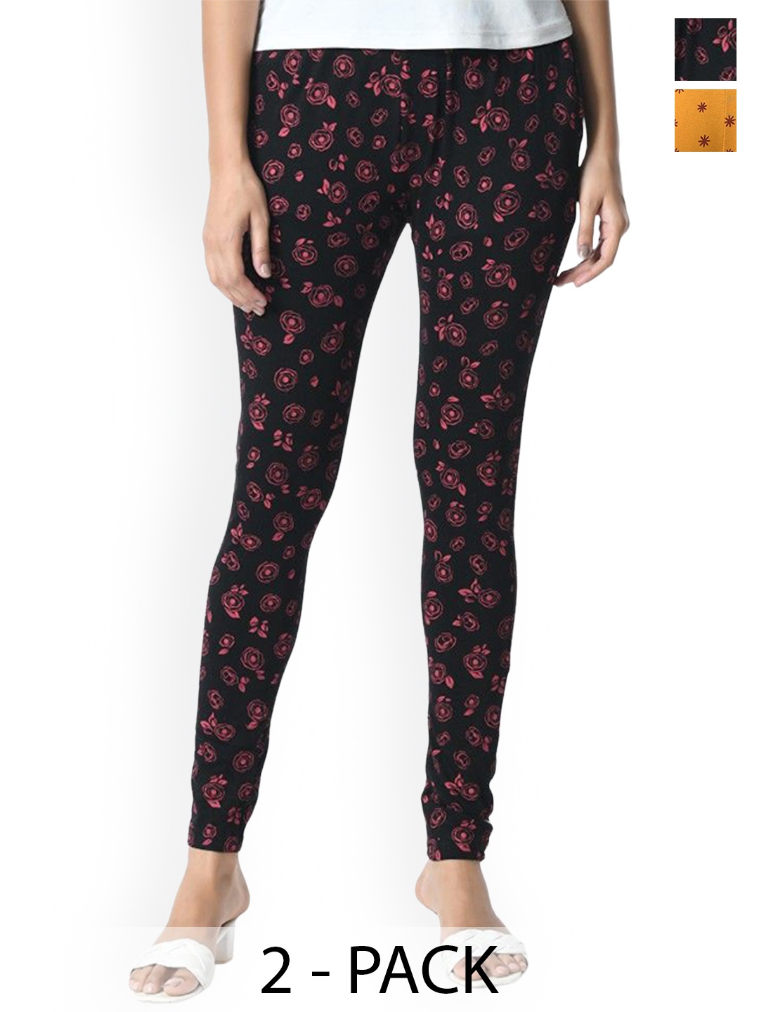

BAESD Pack Of 2 Printed Slim Fit Pure Cotton Ankle Length Leggings, Black