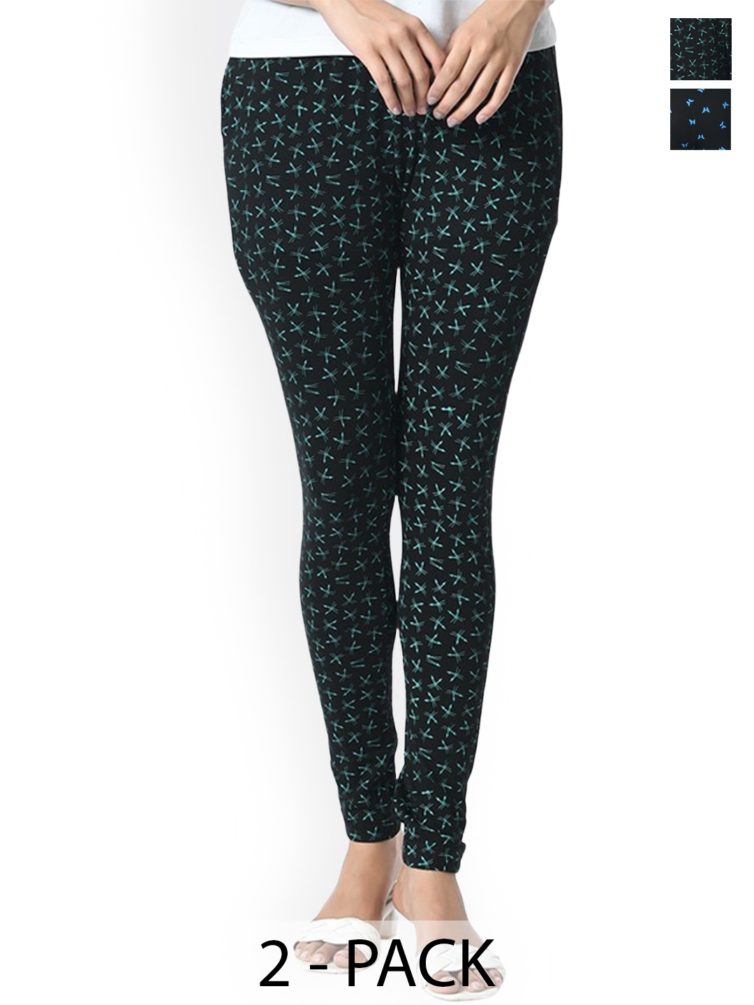 

BAESD Pack Of 2 Women Printed Slim Fit Pure Cotton Ankle Length Leggings, Black
