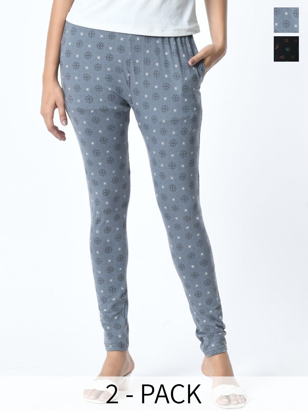 

BAESD Pack Of 2 Printed Slim Fit Pure Cotton Ankle Length Leggings, Grey
