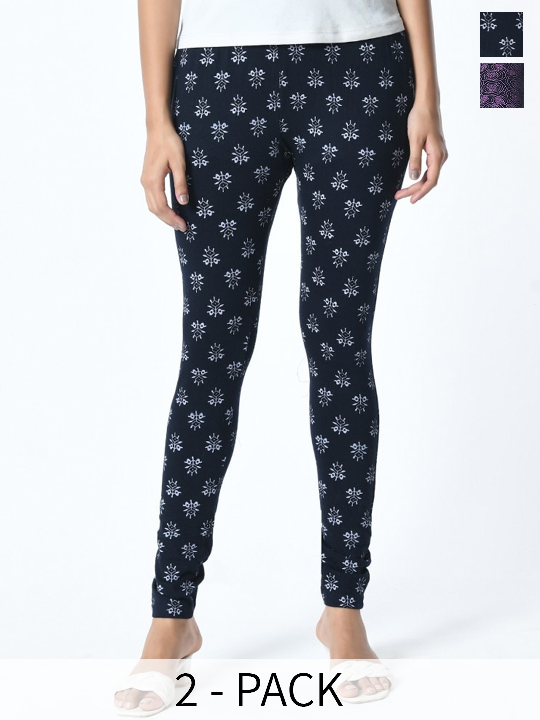 

BAESD Pack Of 2 Printed Slim Fit Pure Cotton Ankle Length Leggings, Black