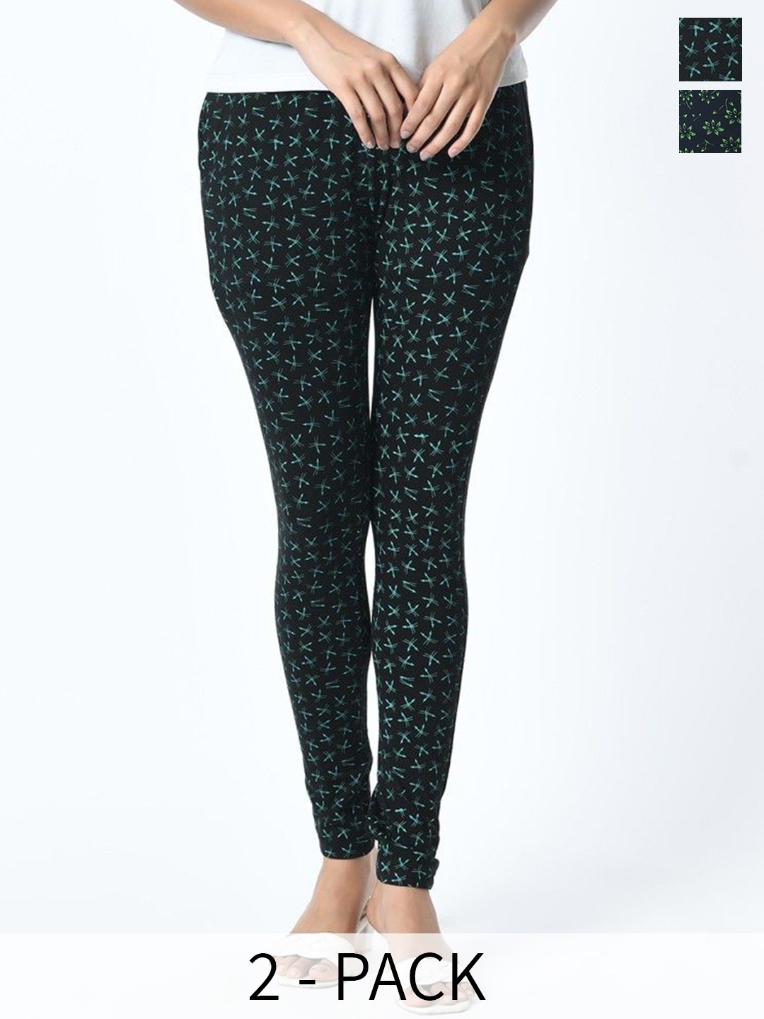 

BAESD Pack Of 2 Printed Slim Fit Pure Cotton Ankle Length Leggings, Black