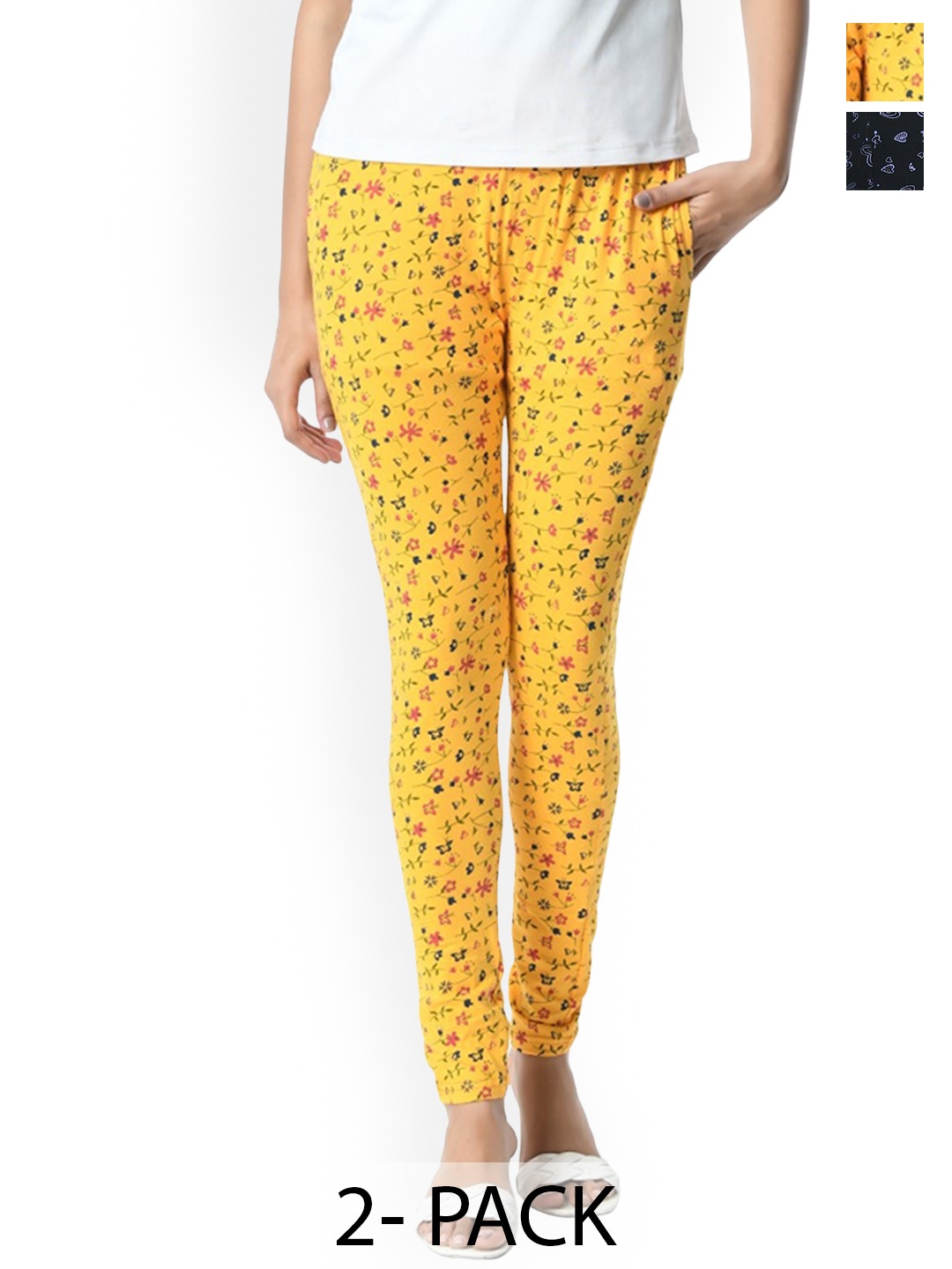

BAESD Pack Of 2 Printed Slim Fit Pure Cotton Ankle Length Leggings, Yellow