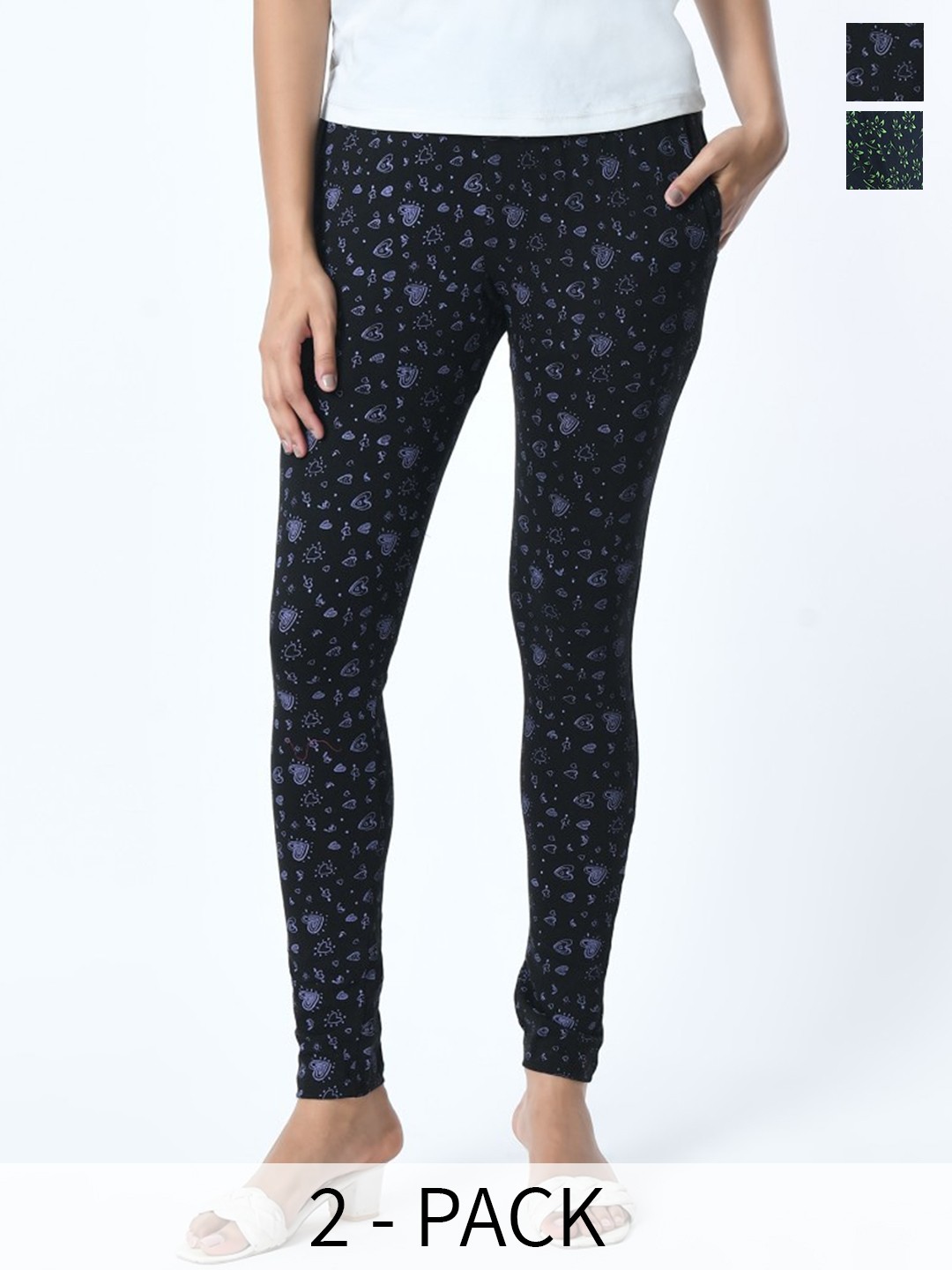 

BAESD Pack Of 2 Printed Slim Fit Pure Cotton Ankle Length Leggings, Black