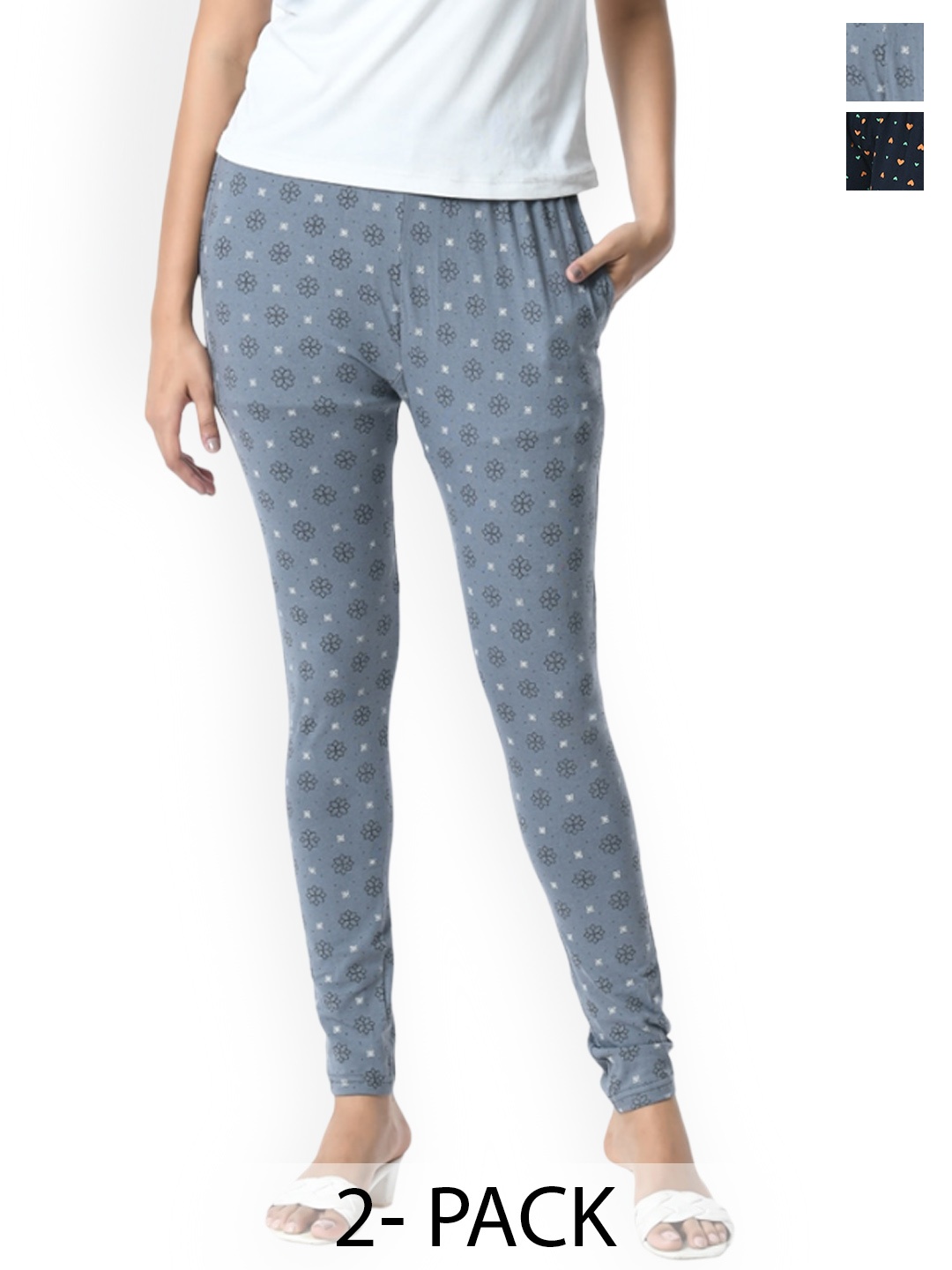

BAESD Pack Of 2 Printed Slim Fit Pure Cotton Ankle Length Leggings, Grey