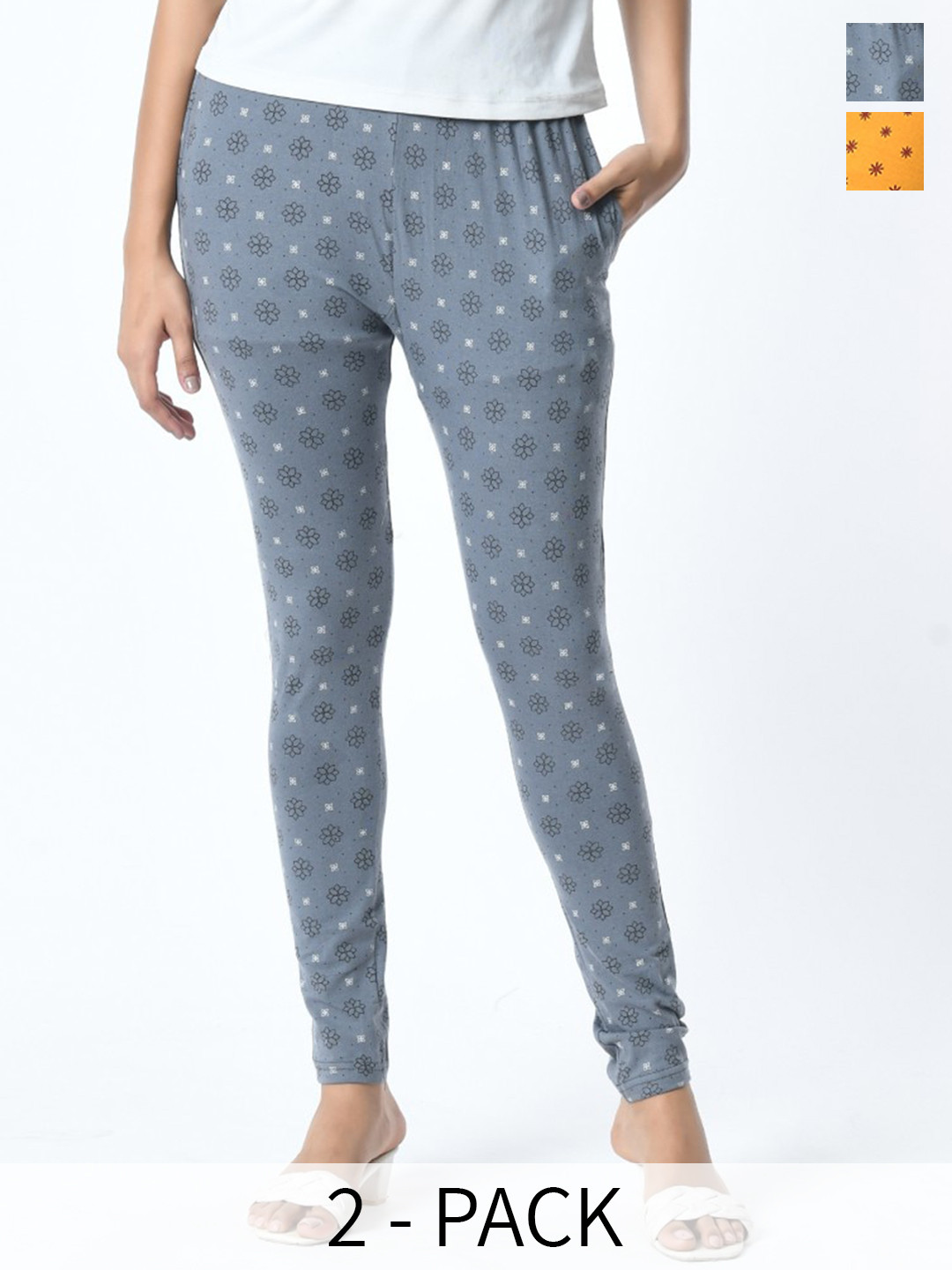 

BAESD Pack Of 2 Printed Slim Fit Pure Cotton Ankle Length Leggings, Grey
