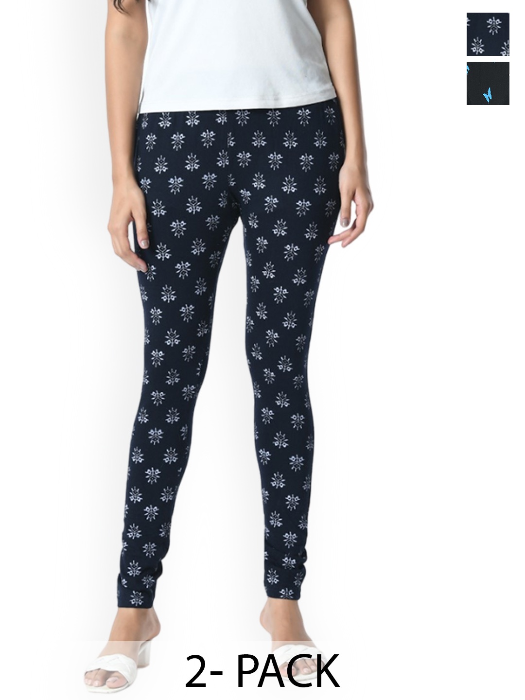 

BAESD Pack Of 2 Printed Slim Fit Pure Cotton Ankle Length Leggings, Navy blue