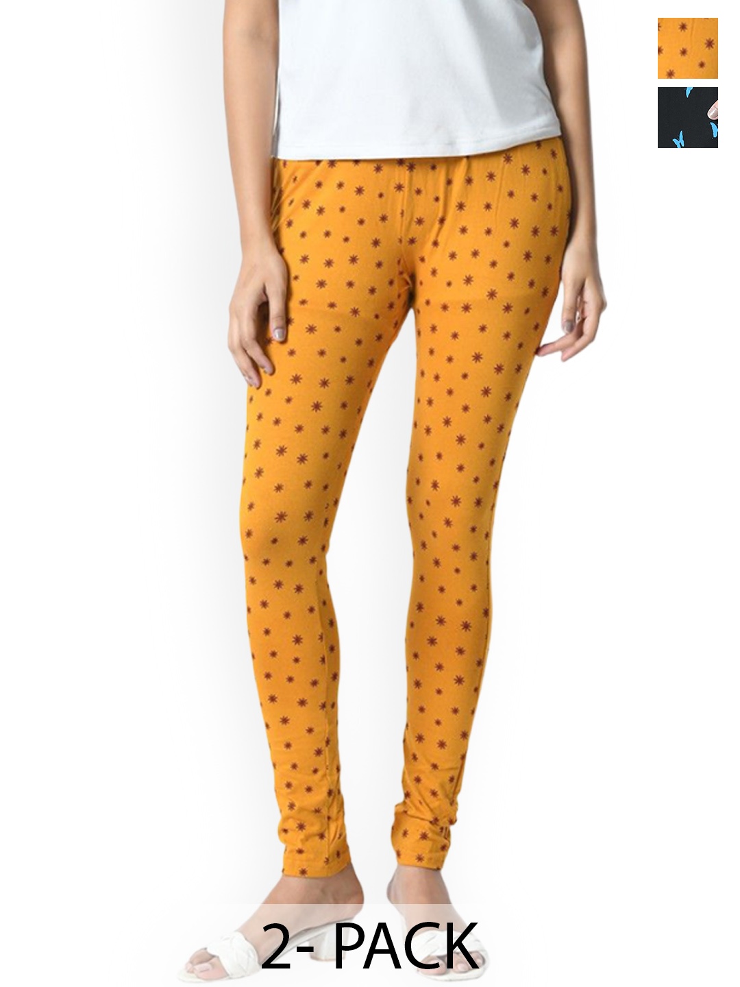 

BAESD Women Pack Of 2 Printed Slim Fit Pure Cotton Ankle Length Leggings, Yellow