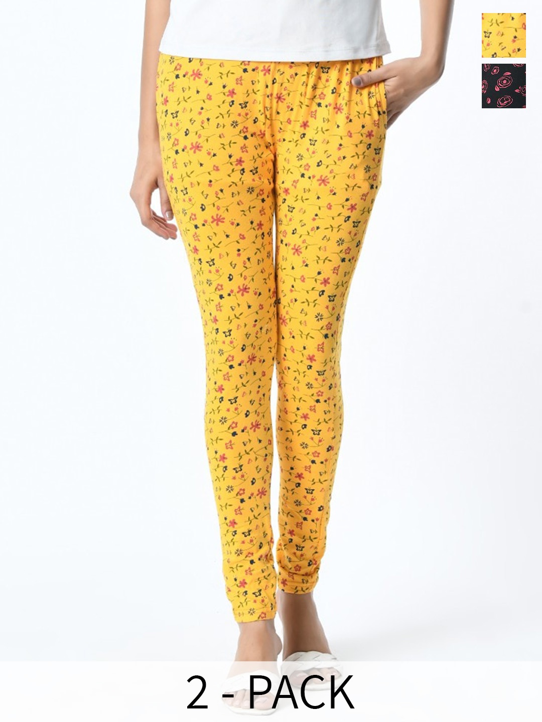 

BAESD Pack Of 2 Printed Slim Fit Pure Cotton Ankle Length Leggings, Yellow