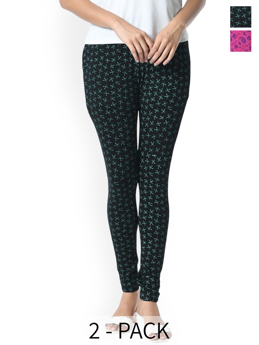 

BAESD Pack Of 2 Printed Slim Fit Pure Cotton Ankle Length Leggings, Black