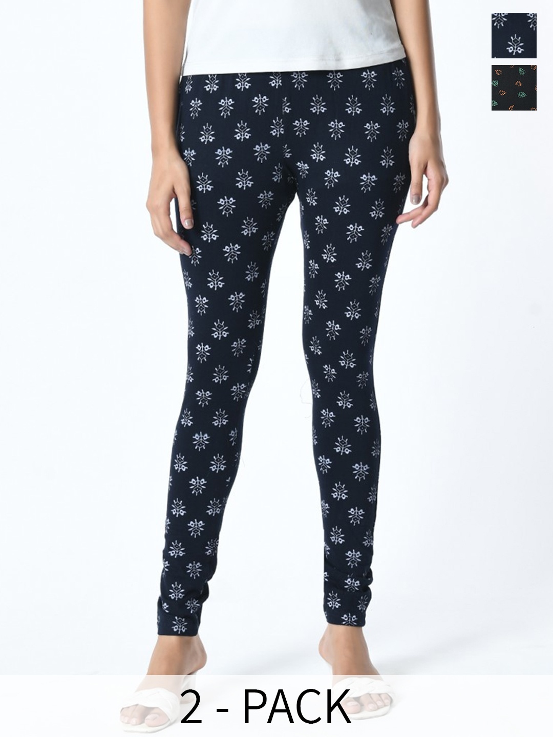 

BAESD Pack Of 2 Printed Slim Fit Pure Cotton Ankle Length Leggings, Navy blue