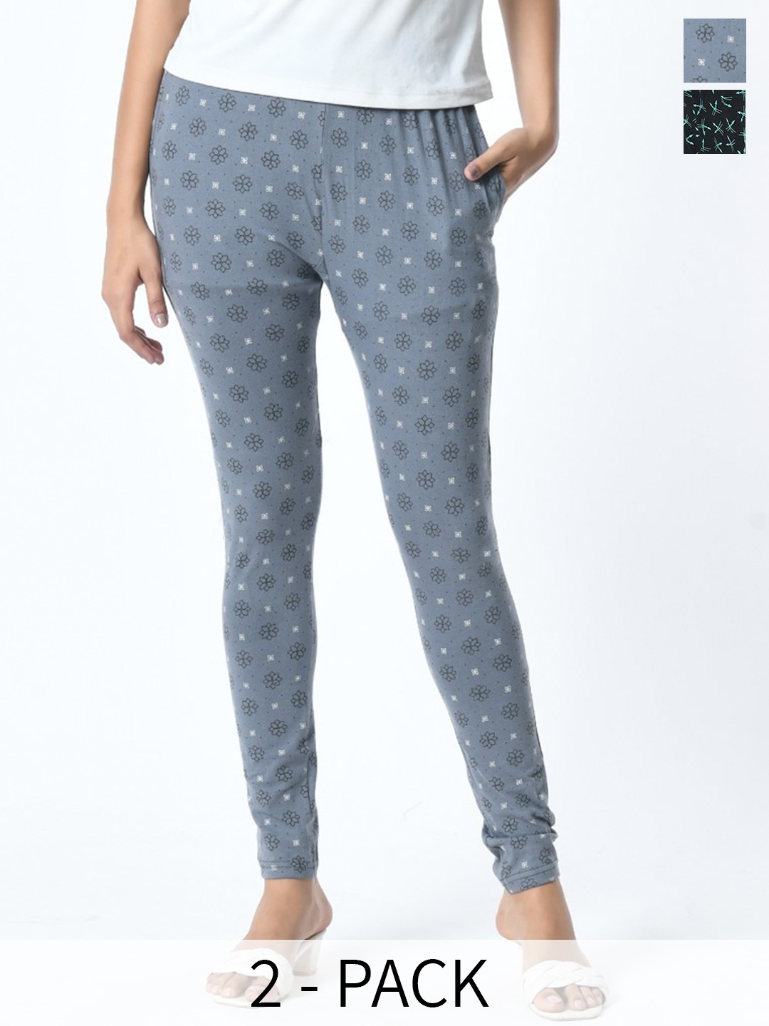 

BAESD Pack Of 2 Printed Slim Fit Pure Cotton Ankle Length Leggings, Grey