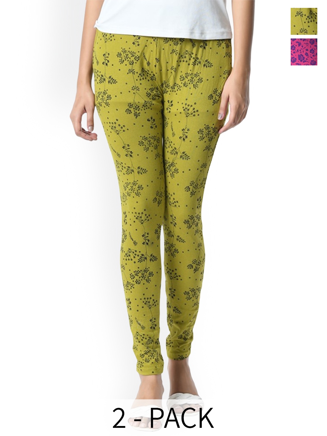 

BAESD Pack Of 2 Printed Slim Fit Pure Cotton Ankle Length Leggings, Green