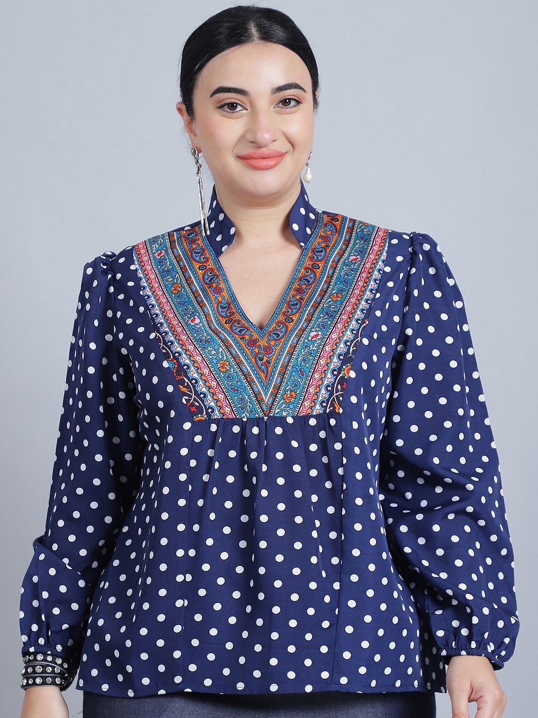 

Baawri Polka Dot Print Mandarin Collar Puff Sleeve Top, Blue