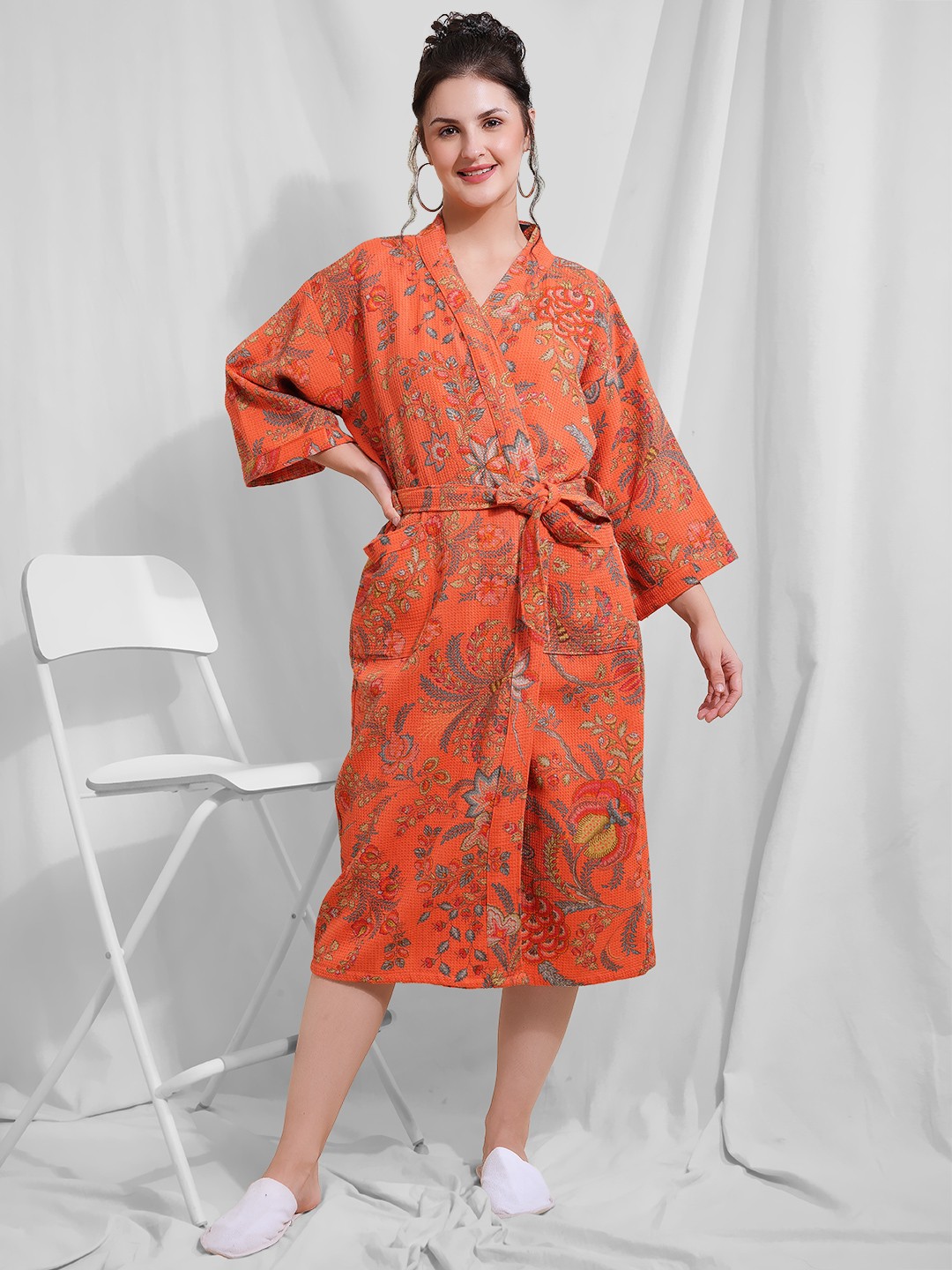 

LACYLOOK Women Printed Kimono Style Cotton Waffle Bath Robe, Orange