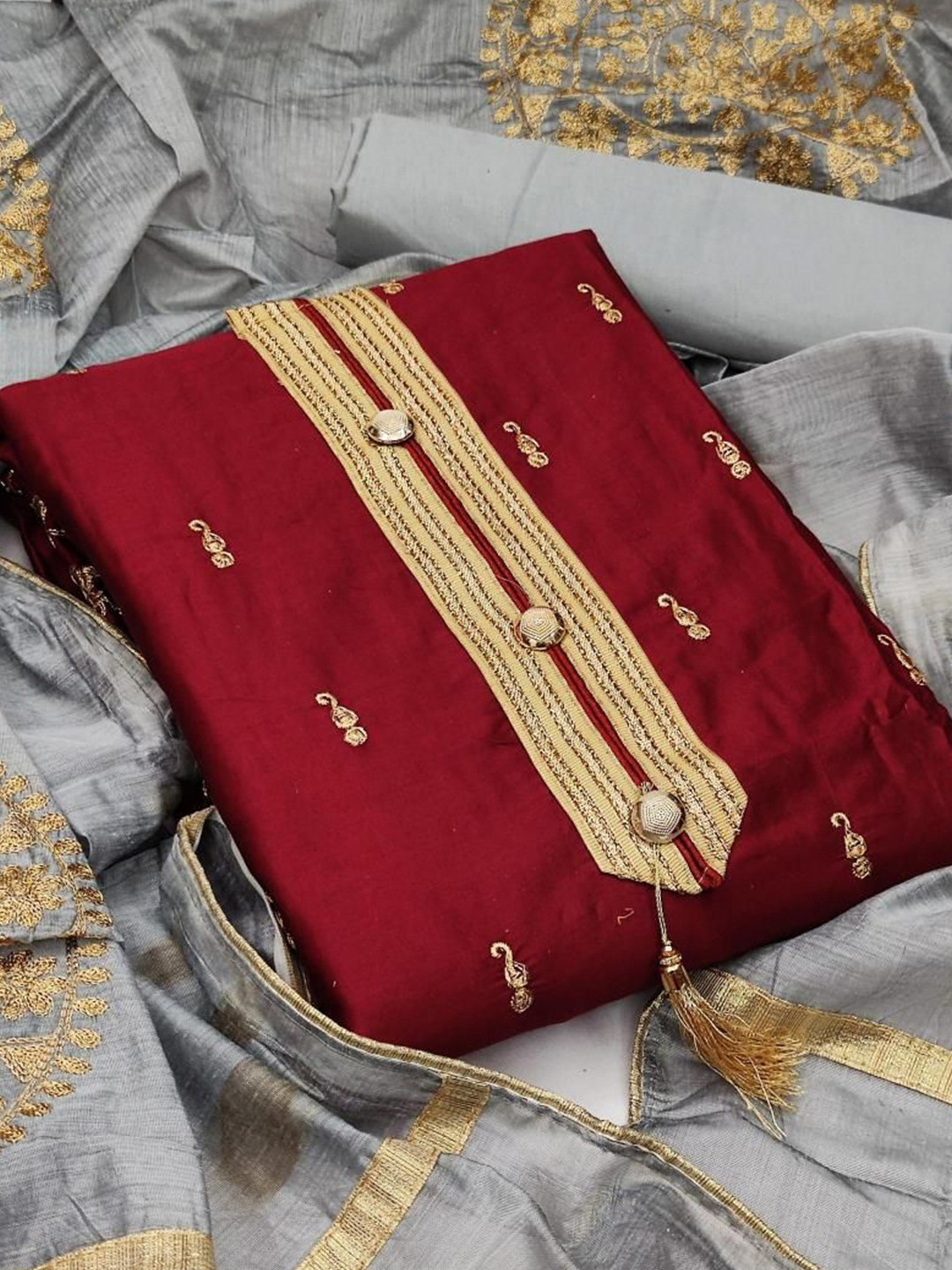 

Dori Embroidered Pure Cotton Unstitched Dress Material, Maroon