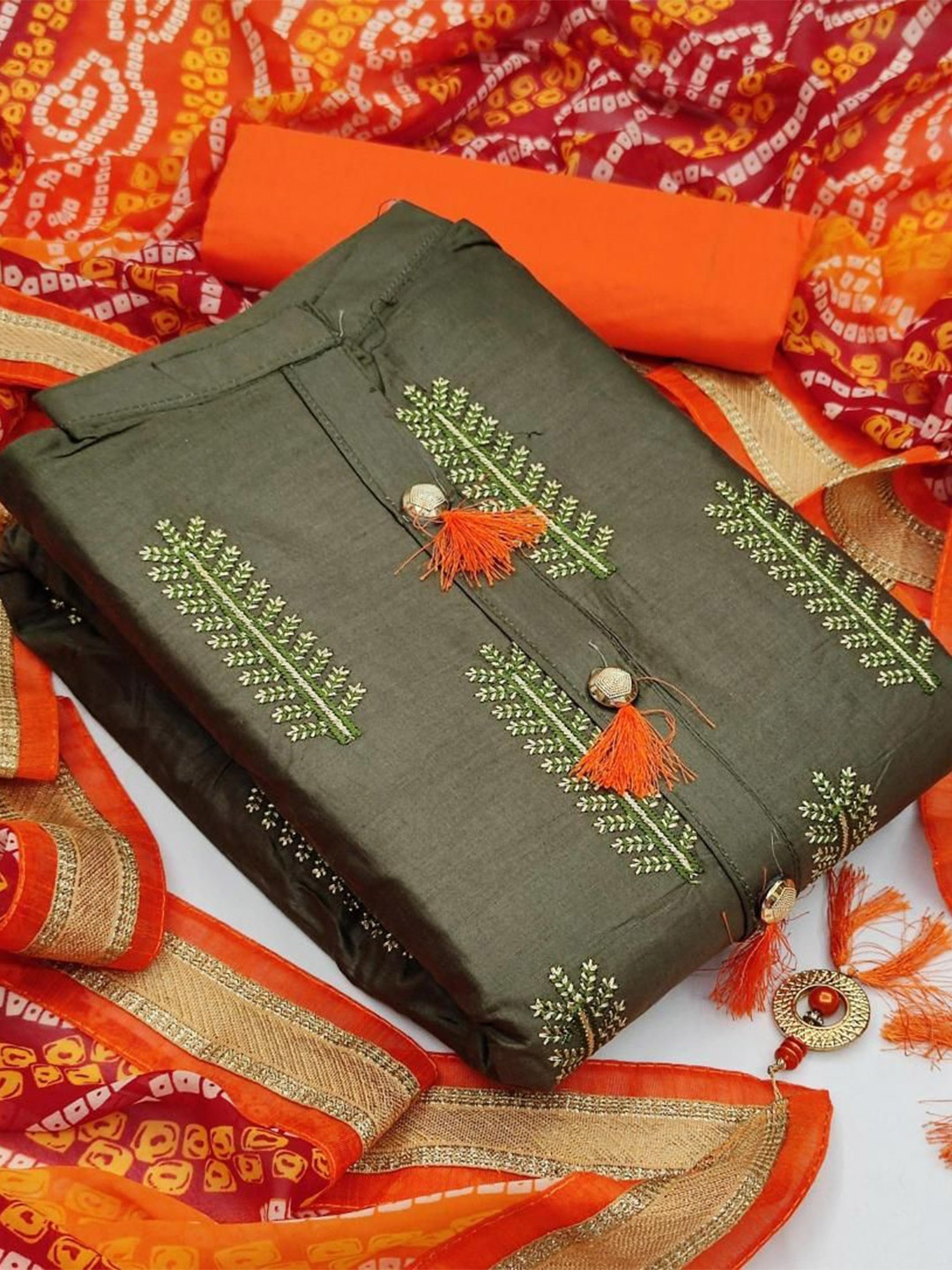 

Dori Embroidered Pure Cotton Unstitched Dress Material, Olive