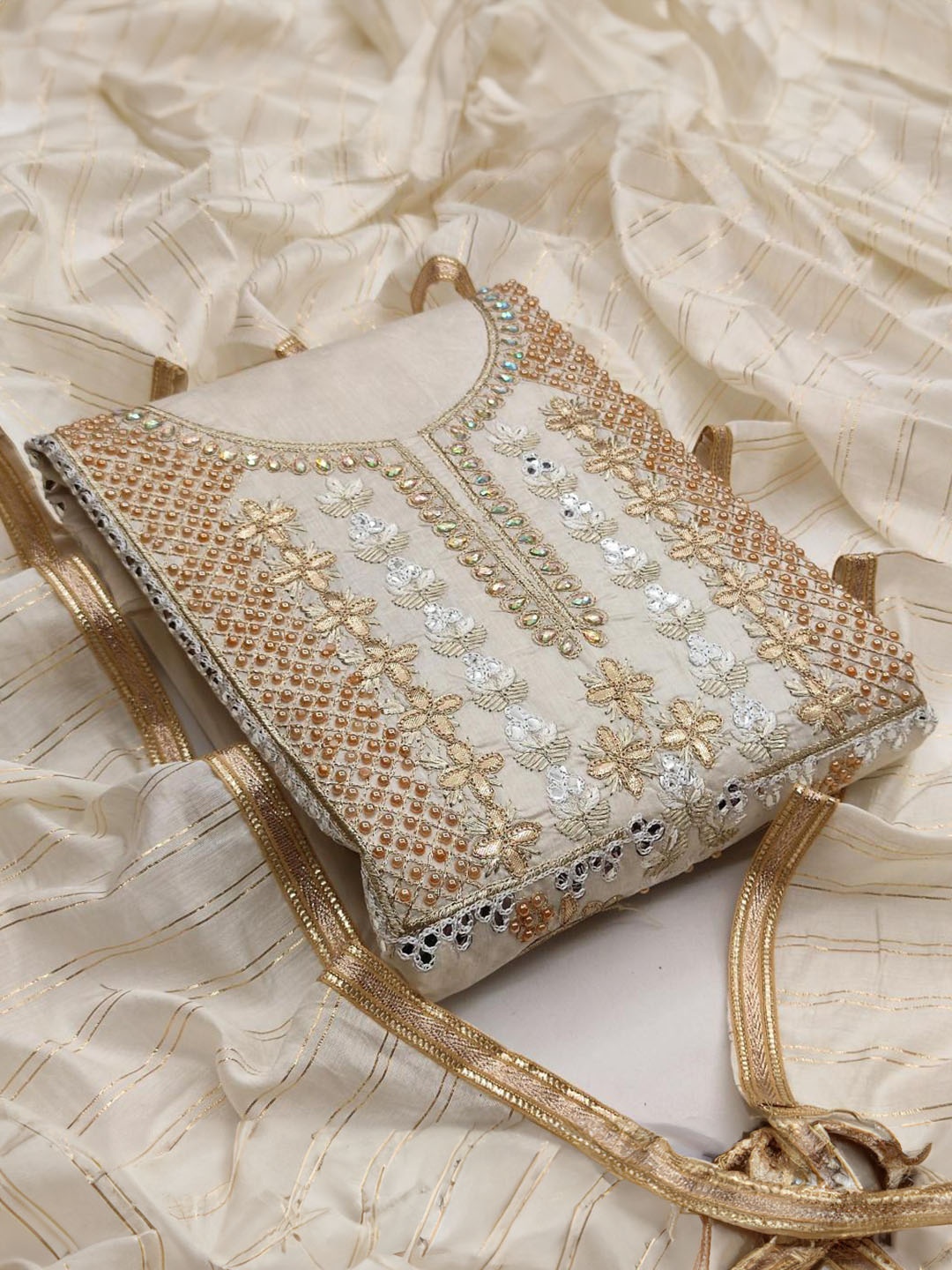

Dori Embroidered Pure Silk Unstitched Dress Material, White